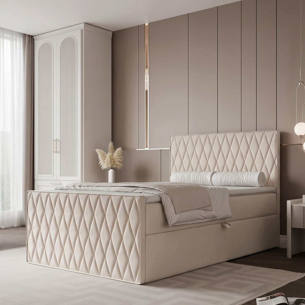 BOXBETT PONTI III 120x200 cm Cremeweiß (Samt) - mit 2 Bettkästen, Bonellmatratze und Rautensteppung - Creme, Holzwerkstoff/Textil (120/200cm) - Ravio