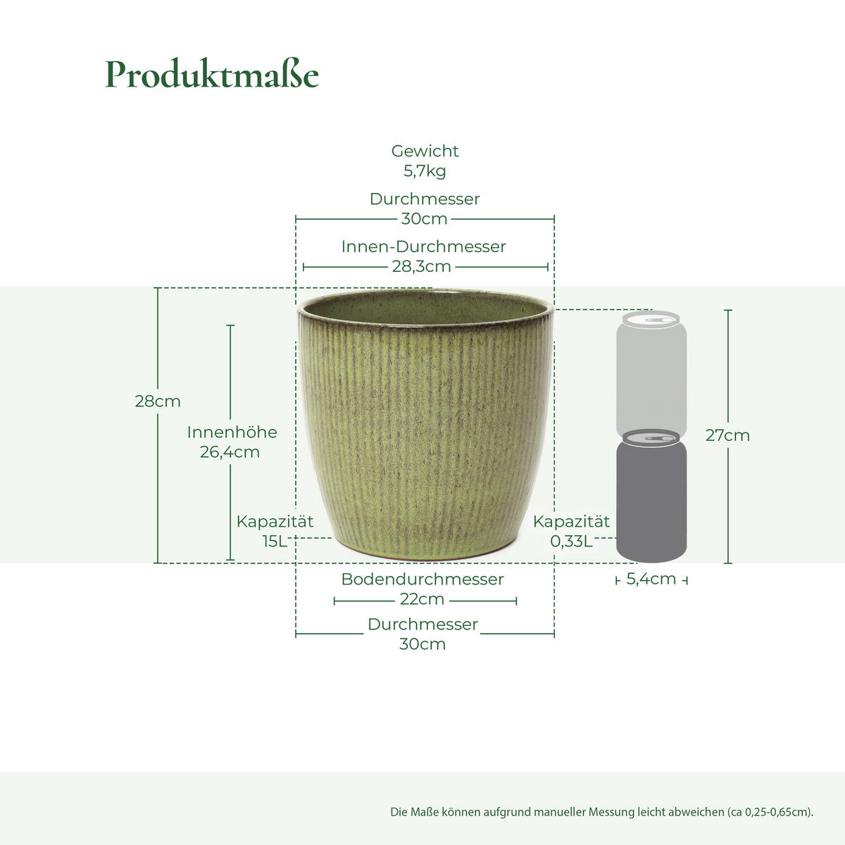 GRÜNER Keramik-Blumentopf, Durchmesser 30 cm, Höhe 28 cm - Grün, Keramik (27cm) - Hometopia