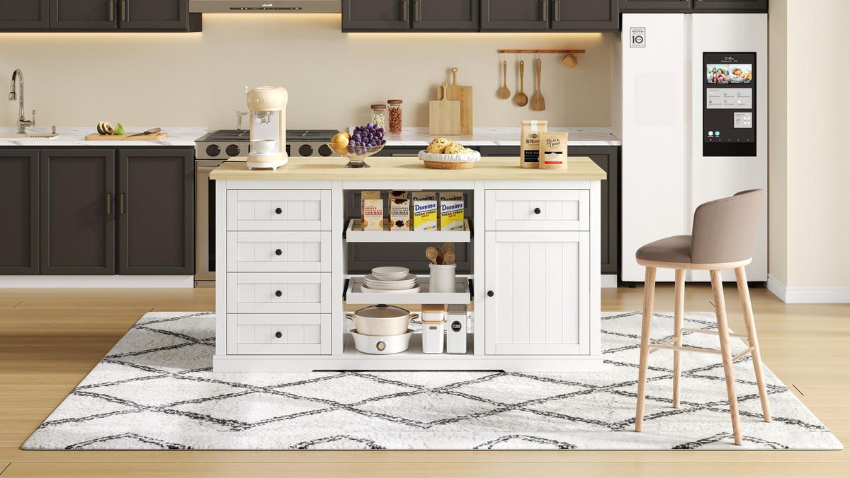 SIDEBOARD mit 5 Schubladen, 2 Ausziehböden und klappbarer Erweiterungsplatte, integrierte Steckdosen, 150/65/75 cm, Weiß und Natur - Weiß, Holzwerkstoff (150/75/65cm) - Redom