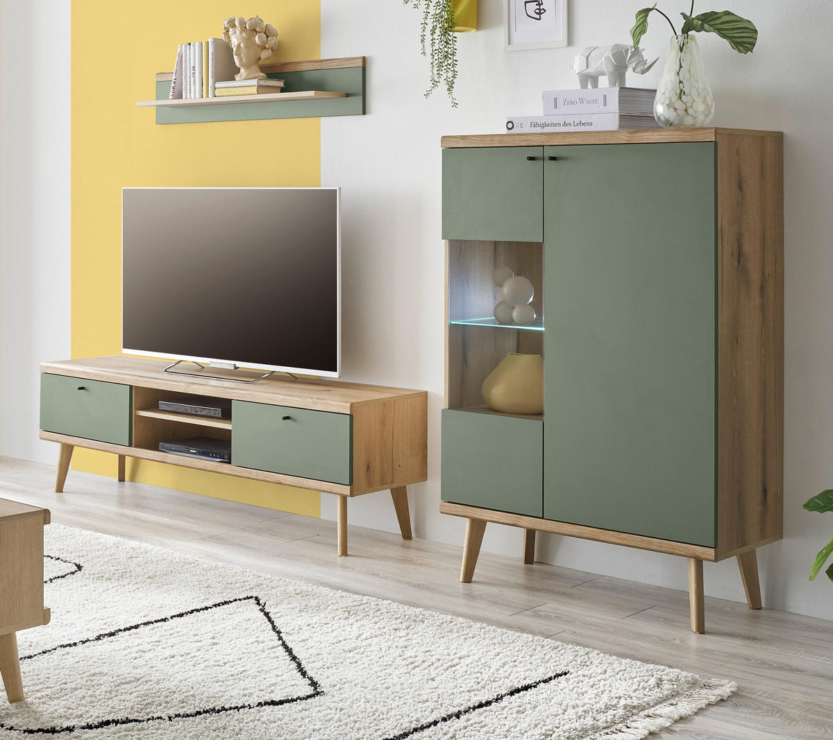 WOHNWAND 3-teilig salbei grün, Eiche Evoke, skandinavisch 260 cm, Schrankwand mit Highboard - Salbeigrün/Eichefarben, Glas/Eichenholz (260/160/40cm) - Furn.Design