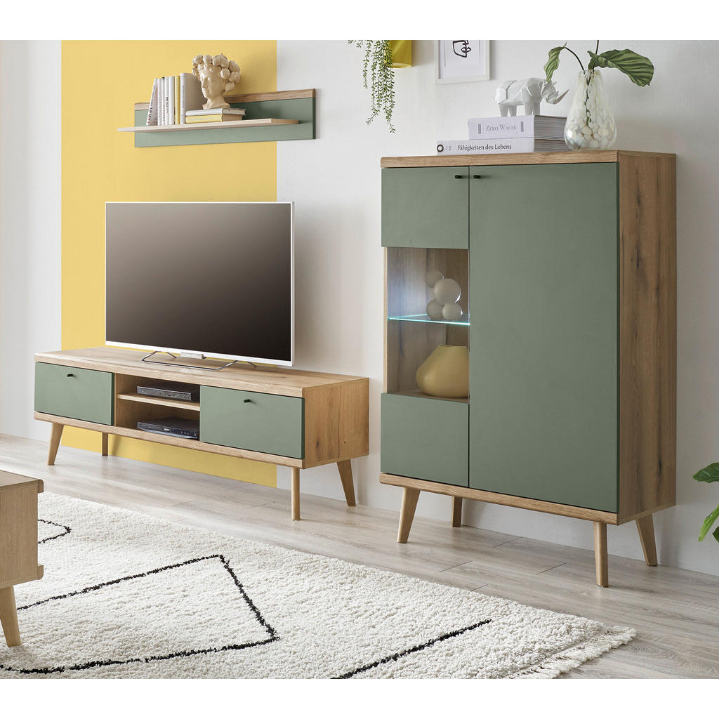 Thumbnail - Furn.Design Wohnwand, Salbeigrün, Eiche, Metall, Nachbildung, Echtholz,Eiche, Holz Optik, Uni, 4 Fächer, einzeln stellba...