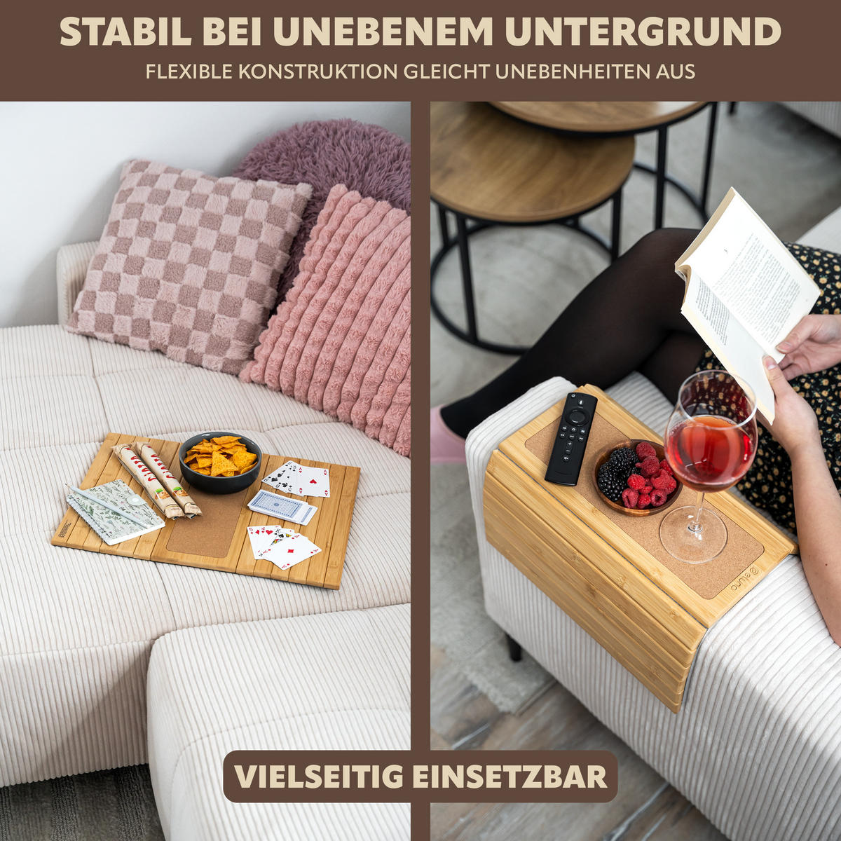 ARMLEHNEN-SOFATABLETT mit rutschfester Korkablage, Bambus - Braun, Naturmaterialien (47/1/34cm) - eluno