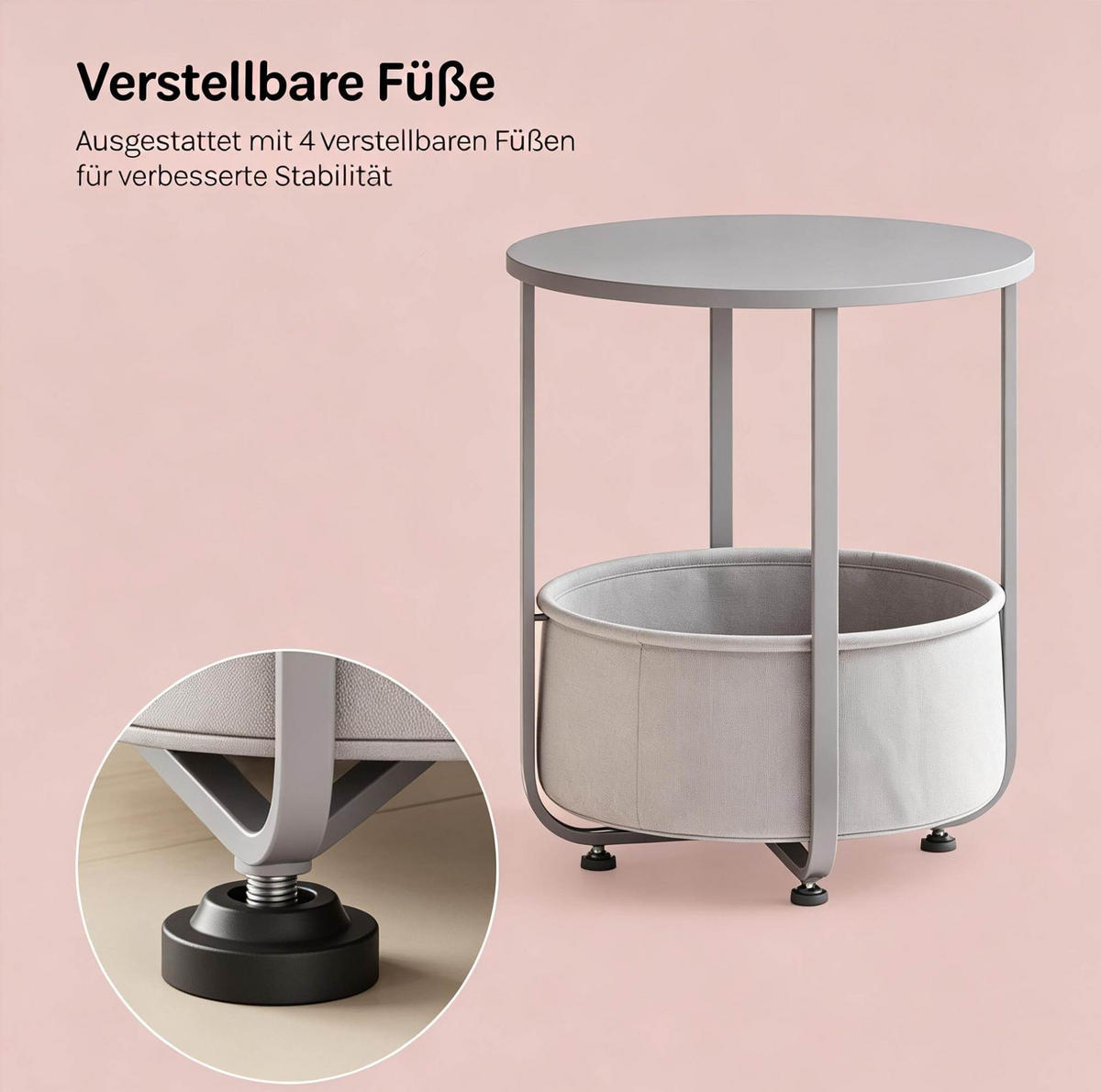 BESTELLTISCH aus Spanplatte und Metall 45x45x50 cm in Grau mit Stoffkorb - Grau, Holzwerkstoff (45/45/50cm) - Modfu