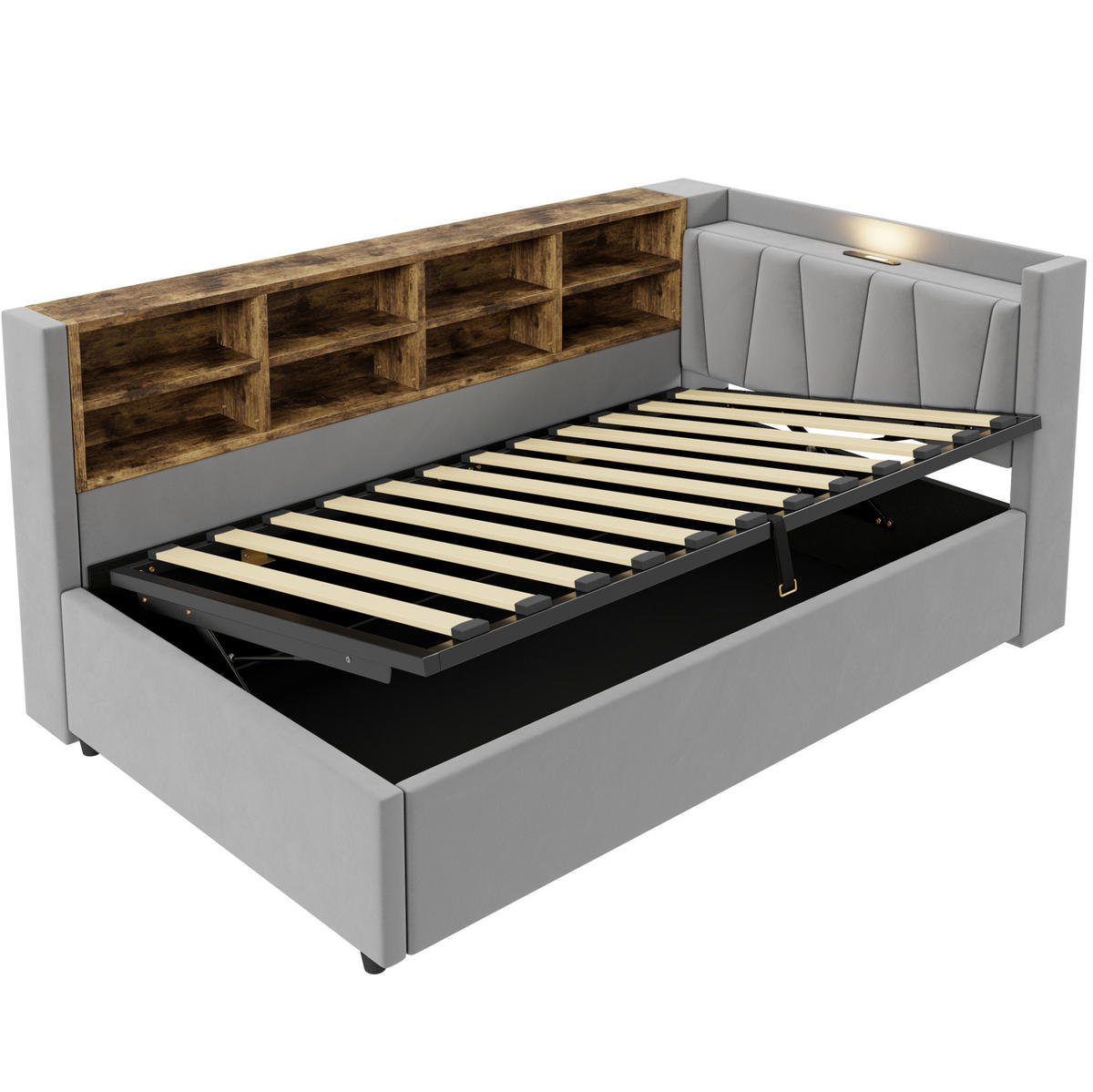POLSTERBETT 90/200 cm Hellgrau mit Stauraum, Nachtlicht und USB- und Type-C-Anschlüssen - Hellgrau, Textil (90/200cm) - Flora Grace