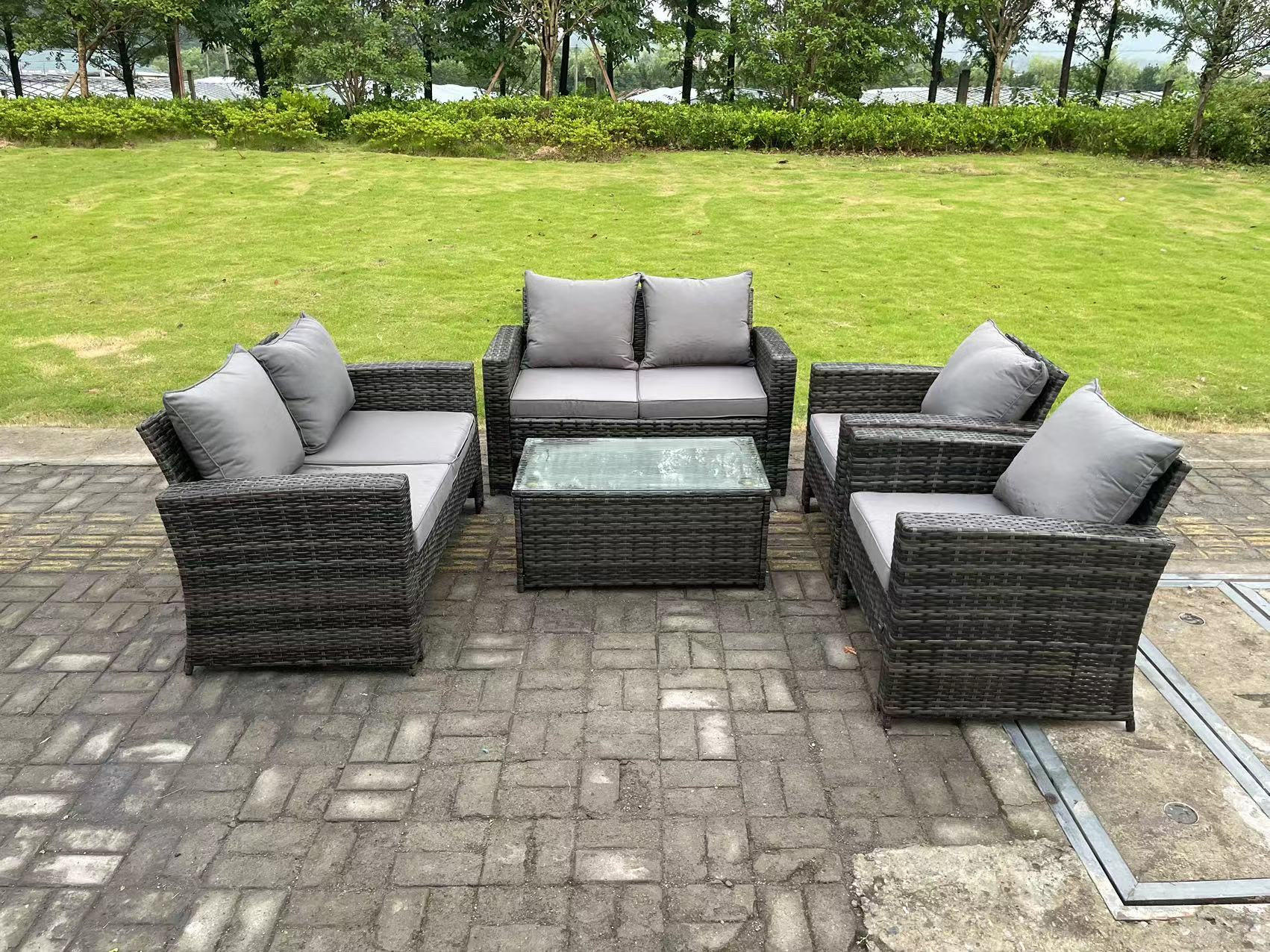GARTENGARNITUR Polyrattan Dunkelgrau 6-Sitzer - Dunkelgrau, Metall - Fimous