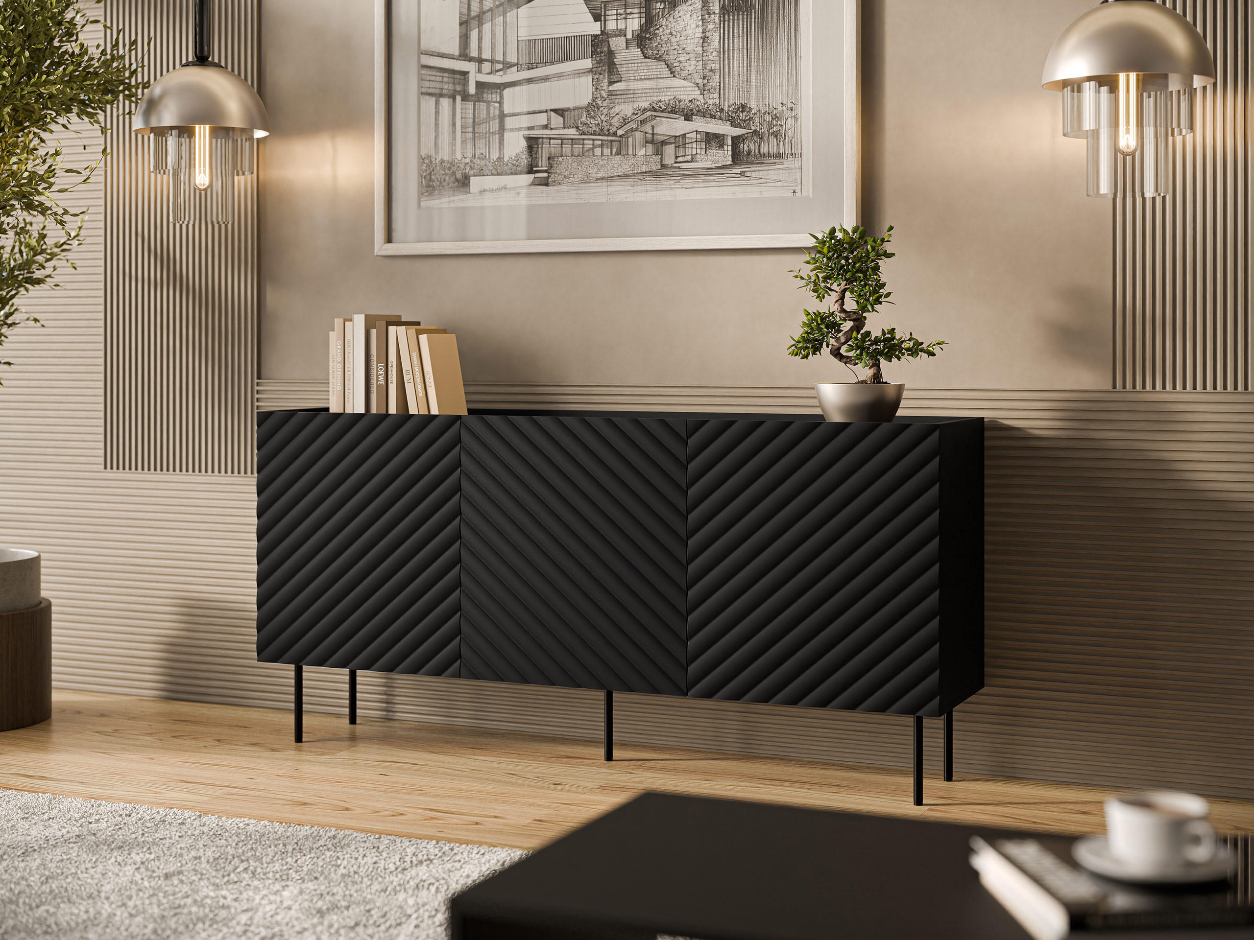 SIDEBOARD Lucca 165 3D - Schwarz, Holz/Holzwerkstoff (166/80/40cm) - MIRJAN24