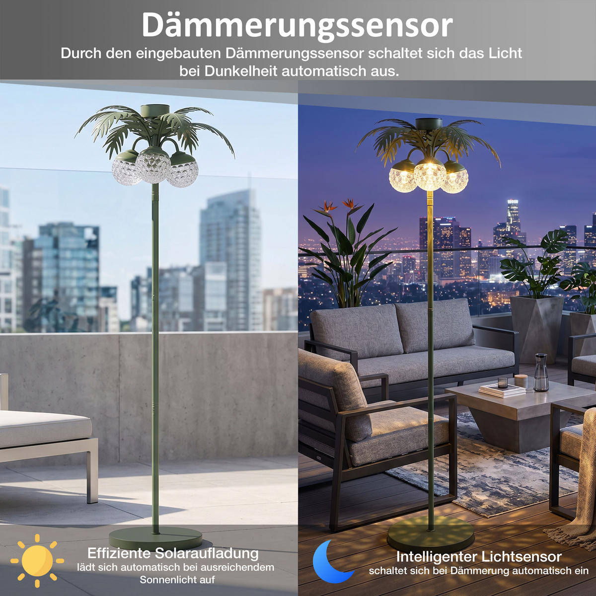 LED-SOLAR-PALME Stehleuchte grün 146 cm Metall - Dunkelgrün, Leder (45/45/146cm) - Elblight.de