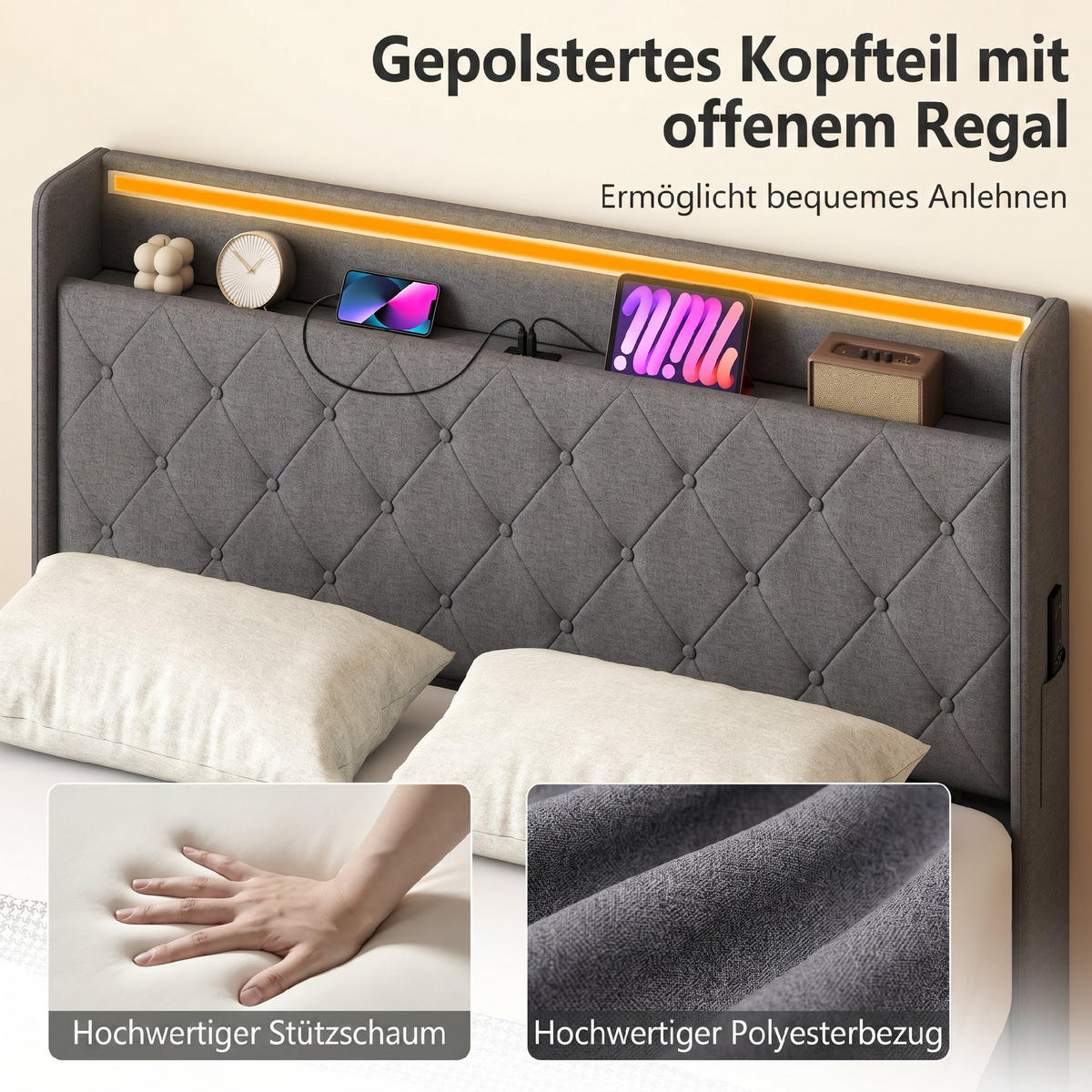 BETTGESTELL Polyester Metall Grau - Grau, Textil (140/200cm) - HOMCOM