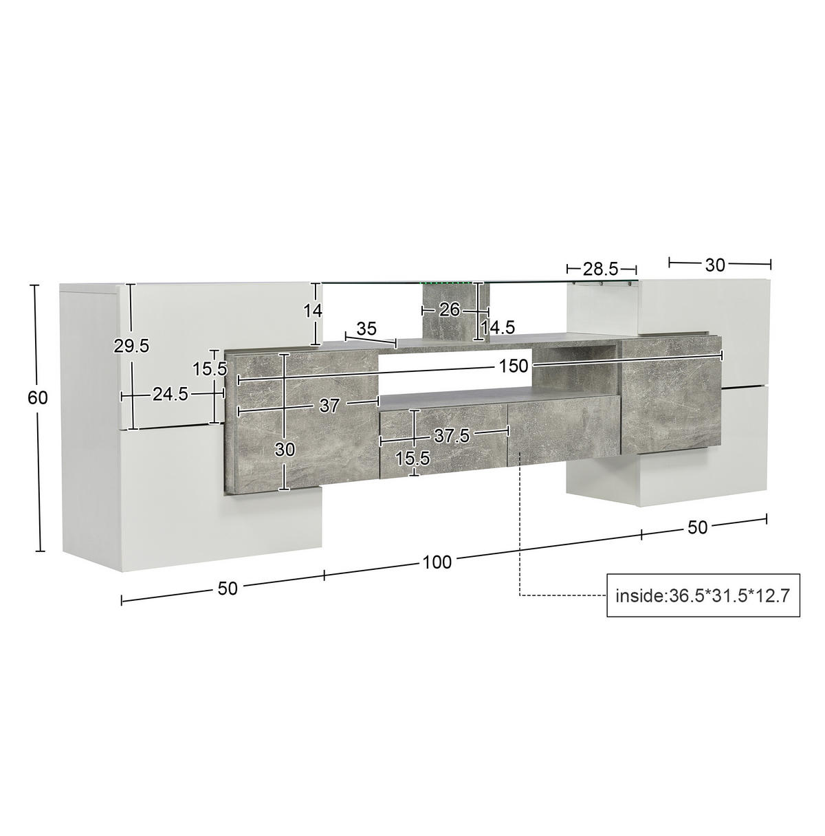 LOWBOARD 200/35/60 cm in Hochglanzweiß und Beton aus MDF mit LED-Beleuchtung - Weiß, Holzwerkstoff (30/60/200cm) - OKMYHOME