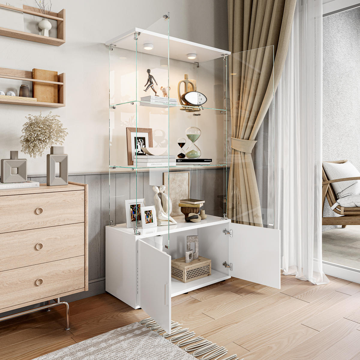 GLASVITRINE 4 Türen 6 Einlegeböden LED Touch weiß - Weiß, Holz (78.5/164/35cm) - LEBENLANG