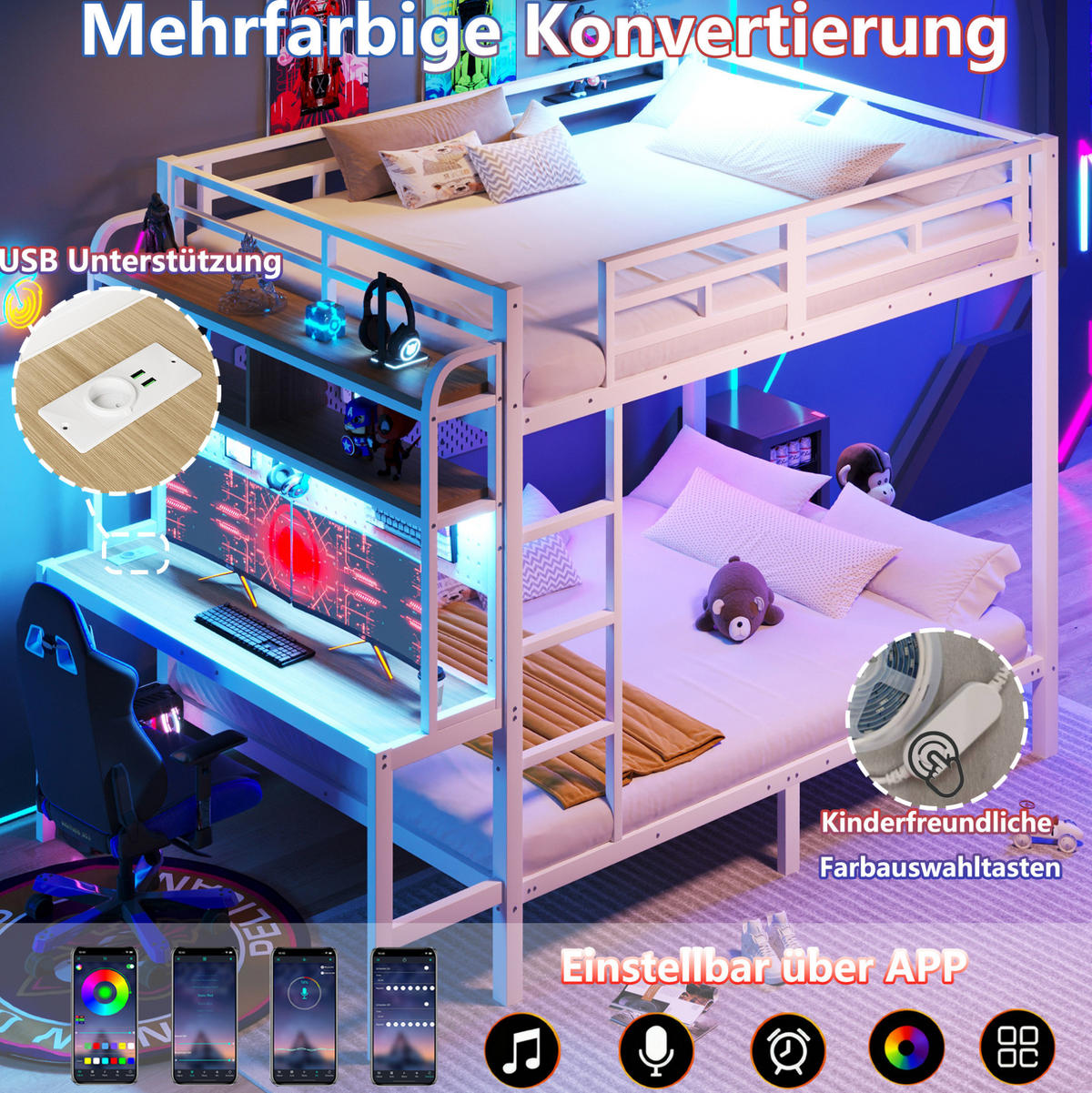 ETAGENBETT 140/200 cm Weiß mit Schreibtisch und LED-Beleuchtung mit USB-Anschluss aus Metall - Weiß, Metall (140/200cm) - OKWISH