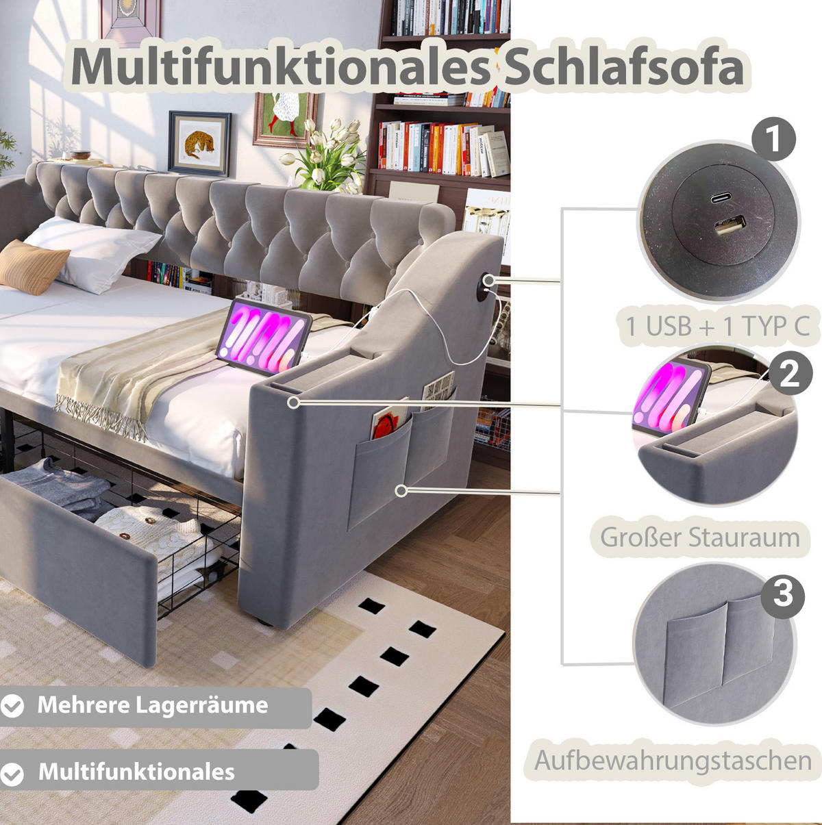 ČALOUNĚNÁ postel 90/190 cm světle šedá ze sametu s USB portem a úložnými zásuvkami - světle šedá, textil (90/190cm) - OKWISH