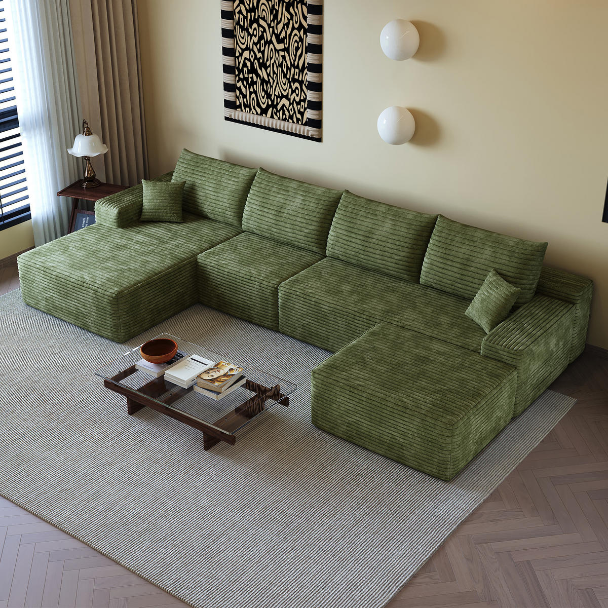 WOHNLANDSCHAFT DE-34857 U-Form 3-Sitzer Chaiselongue links Grün - Grün, Textil (175/83/270cm) - ComfortXL