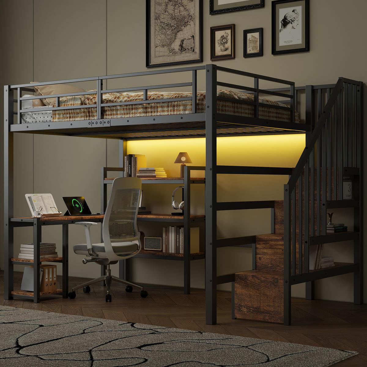 HOCHBETT 140/200 cm schwarz aus Metall und MDF mit Schreibtisch, Treppe und LED - Schwarz, Metall (140/200cm) - OKWISH