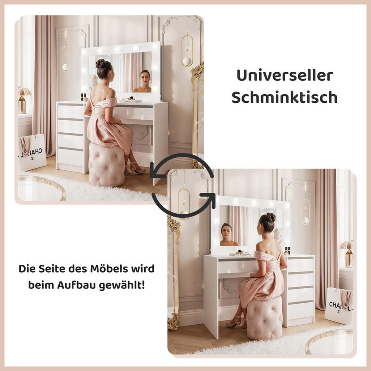 SCHMINKTISCH BELLA II mit LED-Beleuchtung und Spiegel, 110 cm Weiß Hochglanz - Weiß Hochglanz, Holzwerkstoff (110/77/55cm) - Idohome