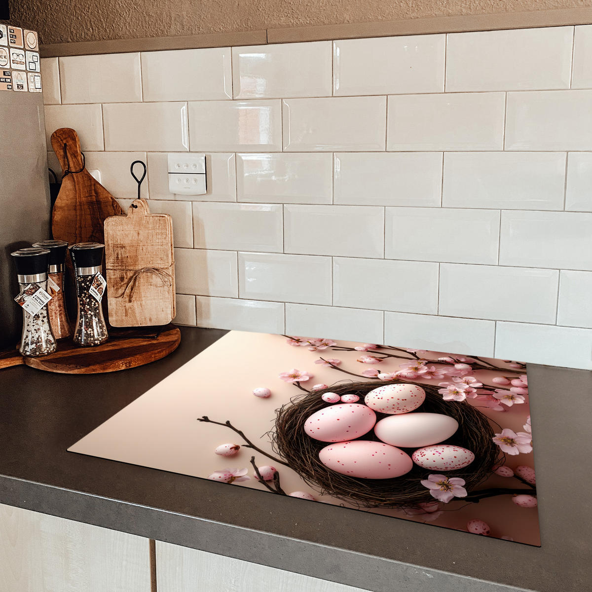 HERDABDECKPLATTE Rosa - Blüten - Eier Herdabdeckung Induktionsfeld 65x52 cm - Hellrosa, Kunststoff (65/52/0.2cm) - MuchoWow