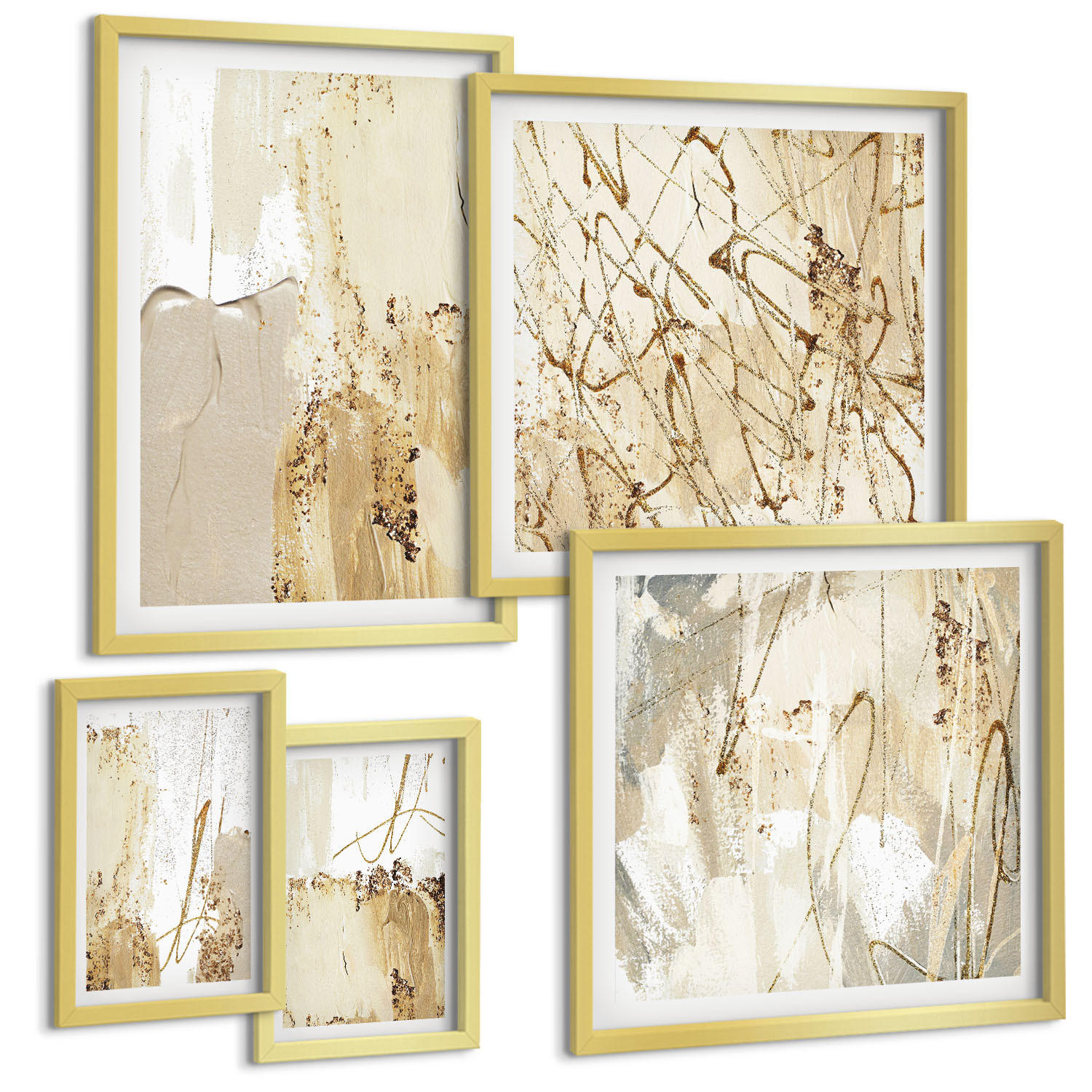 BILDER SET 5er Set - 50x50 cm & 20x30 cm & 40x60 cm Goldrahmen - Retro-Blumenmuster aus verschiedenen Städten - Goldfarben, Kunststoff (40/60cm) - TULUP