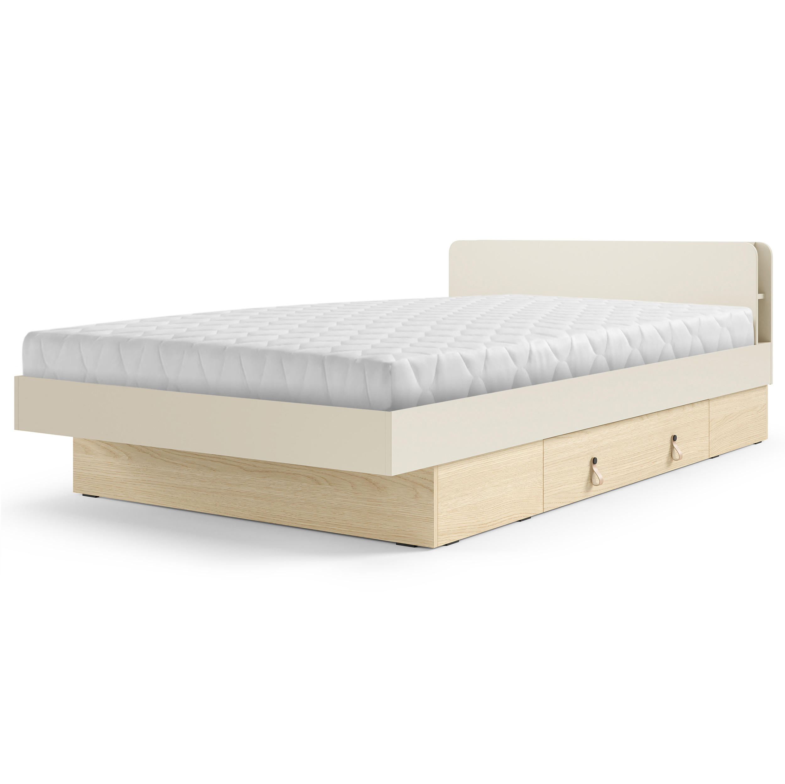 Beautysofa POSTEL Sorella 120 × 200 cm s lamelovým roštem a úložnou zásuvkou, s matrací 26 cm, macadamia + dub Mavelie