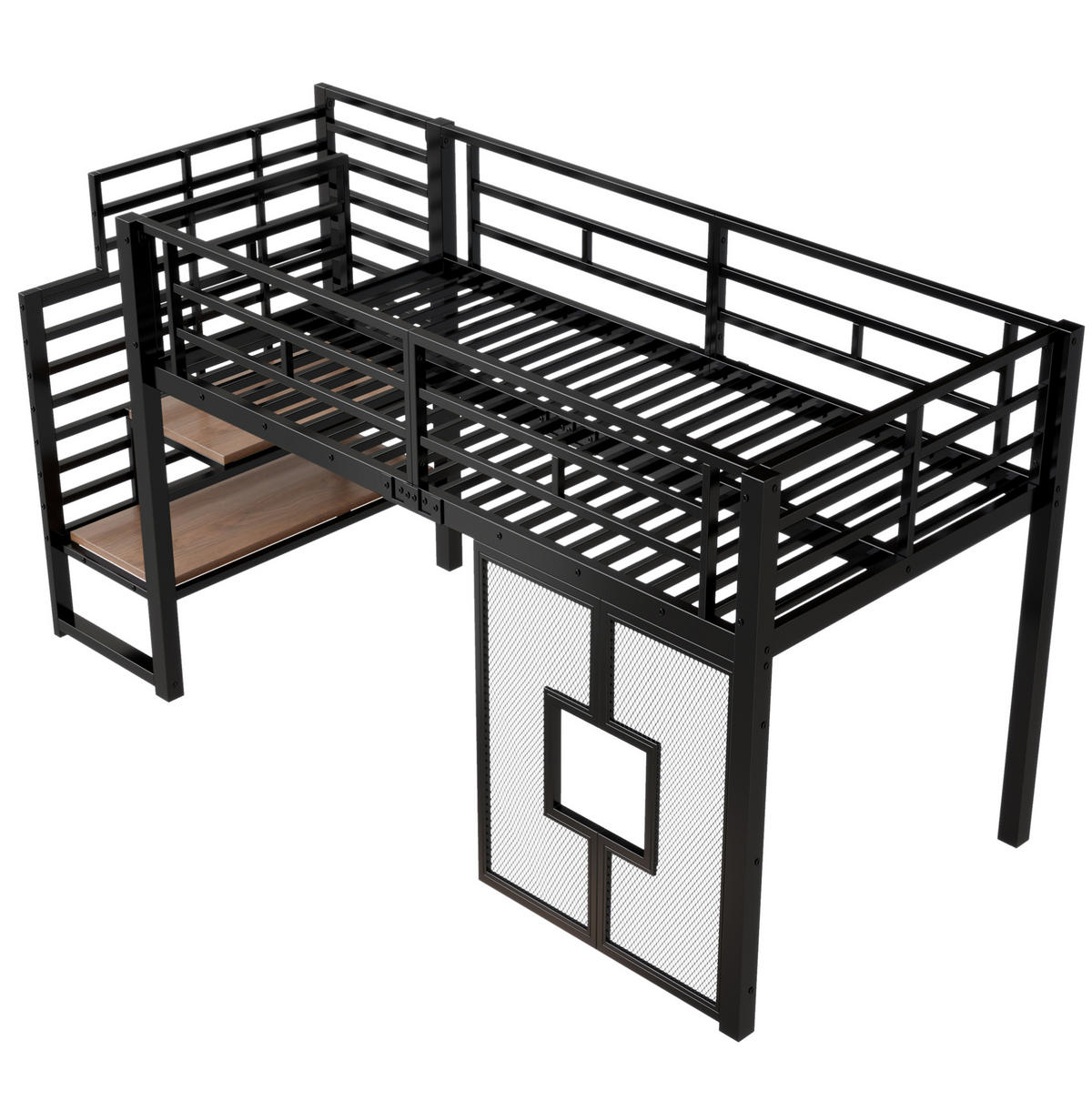 HOCHBETT 90/200 cm mit Stauraumtreppe, LED-Beleuchtung und Fenstern aus Metall, Schwarz - Schwarz, Metall (90/200cm) - Redom