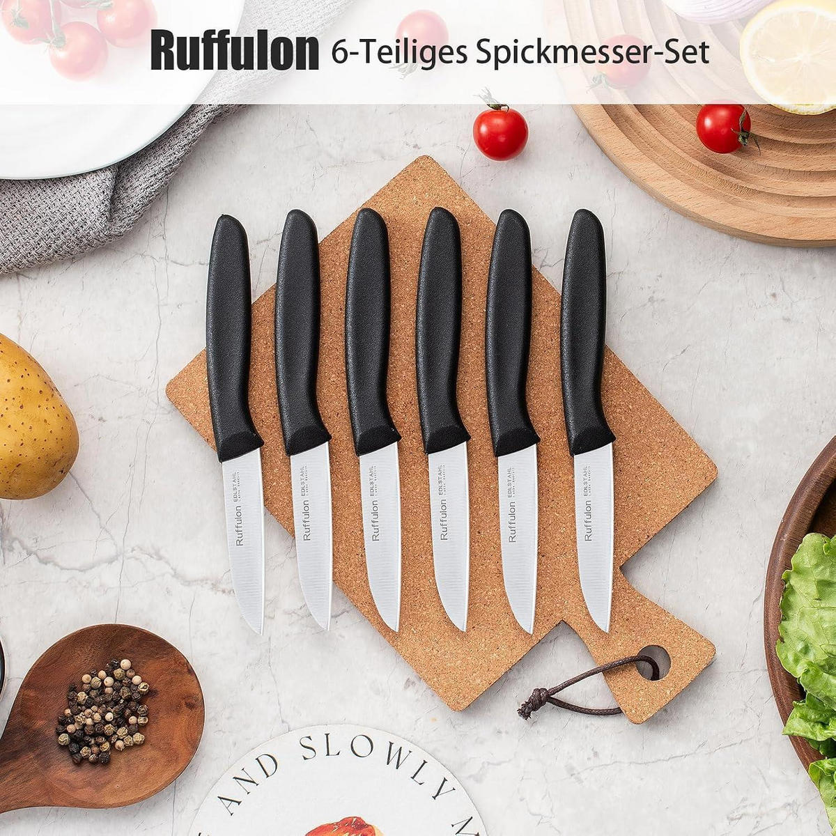 GEMÜSEMESSER 6-teiliges Set Edelstahl Kunststoffgriff Schwarz - Silberfarben, Metall (19cm)