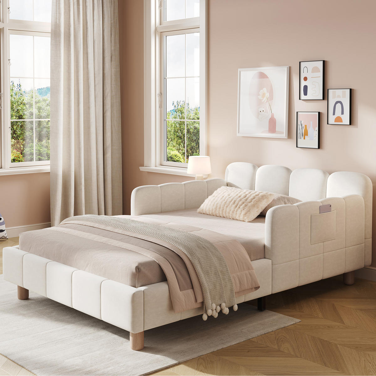 KINDERBETT 90/200 cm in Beige Samt mit Seitenschutz und Taschen - Beige, Holzwerkstoff/Textil (90/200cm) - WISHDOR
