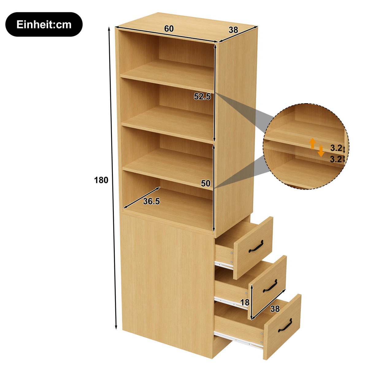 HIGHBOARD 60/38/180 cm in Eiche mit 3 Seitenschubladen und verstellbaren Böden - Eichefarben, Holzwerkstoff (60/180/38cm) - Flora Grace