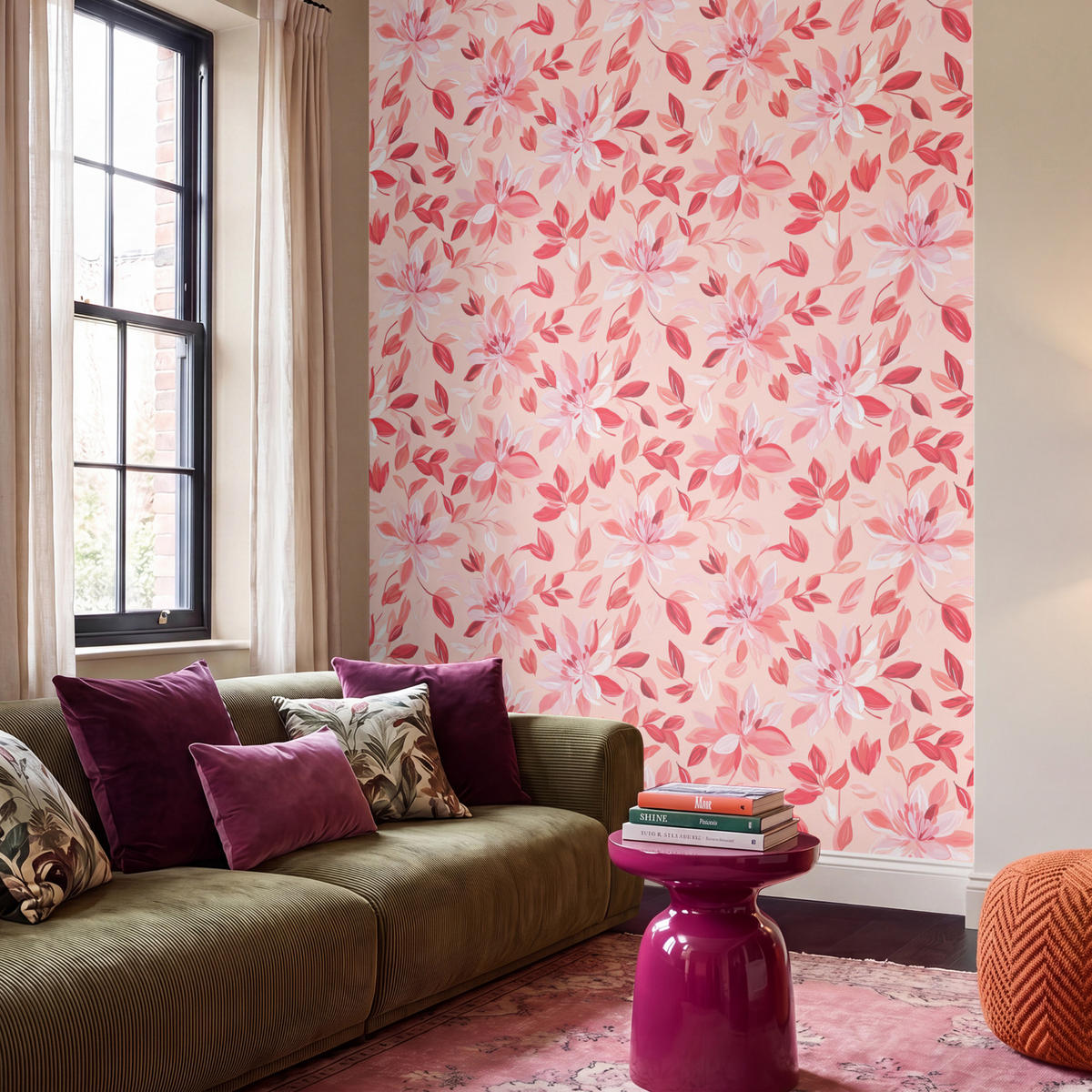 TAPETE - Botanisch - Blumen - Rot - 200x280 cm - Koralle, Papier (200/280cm) - OnlyWow