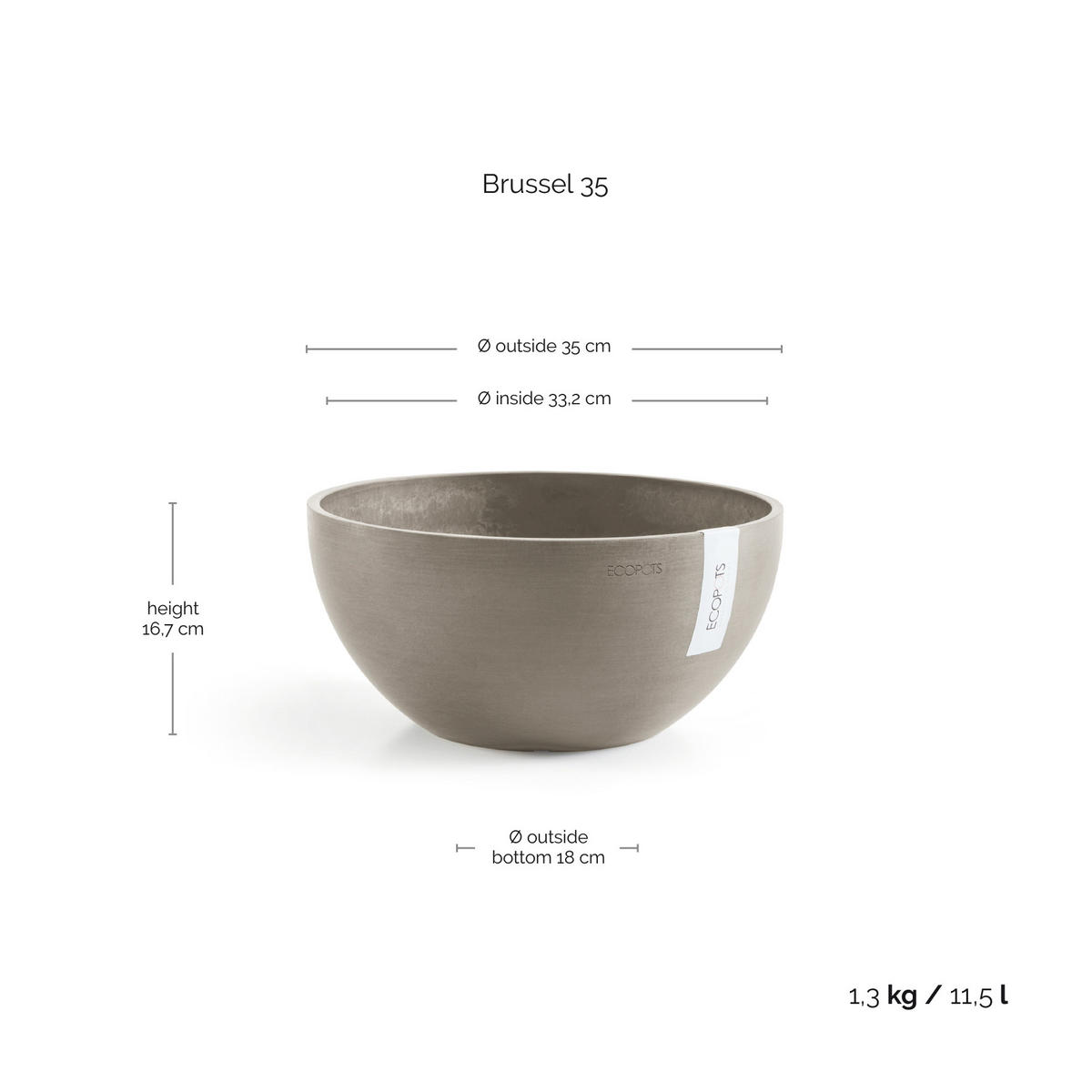 BLUMENTOPF Brussels 35/16,7 cm Taupe - Taupe, Kunststoff (35/16.7cm) - Ecopots