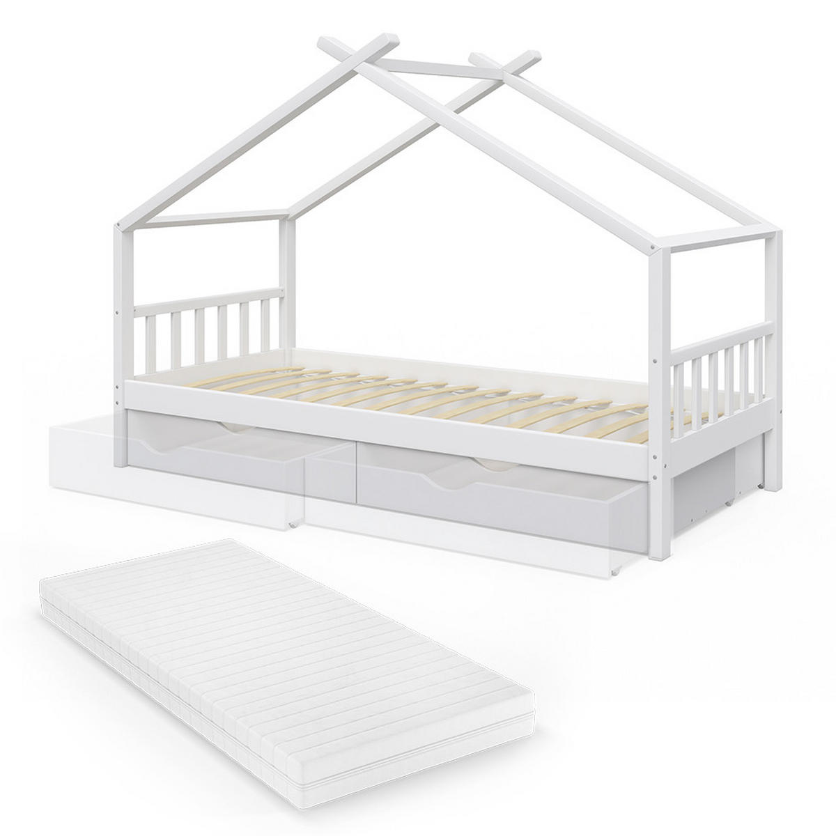 HAUSBETT Design Weiß 90x200 cm mit 2 Schubladen und Matratze - Weiß, Holz (90/200cm) - VitaliSpa