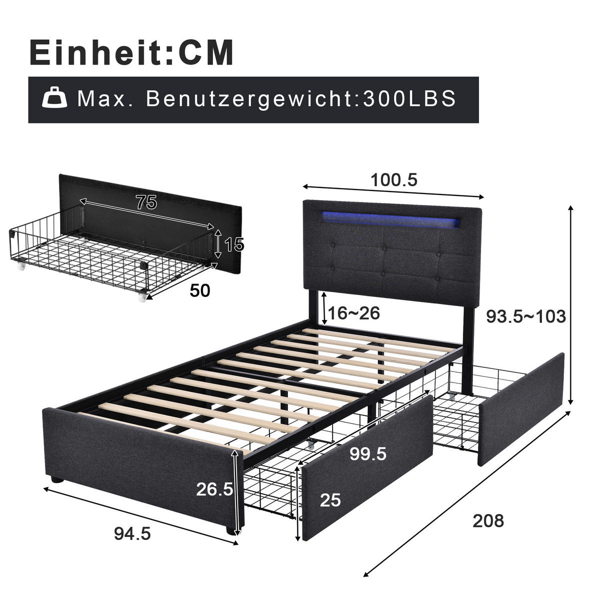 ČALÚNENÁ posteľ 90x200 cm sivá z ľanového materiálu s LED osvetlením, 2 zásuvkami a nastaviteľným čelom - sivá, textil (90/200cm) - Modfu