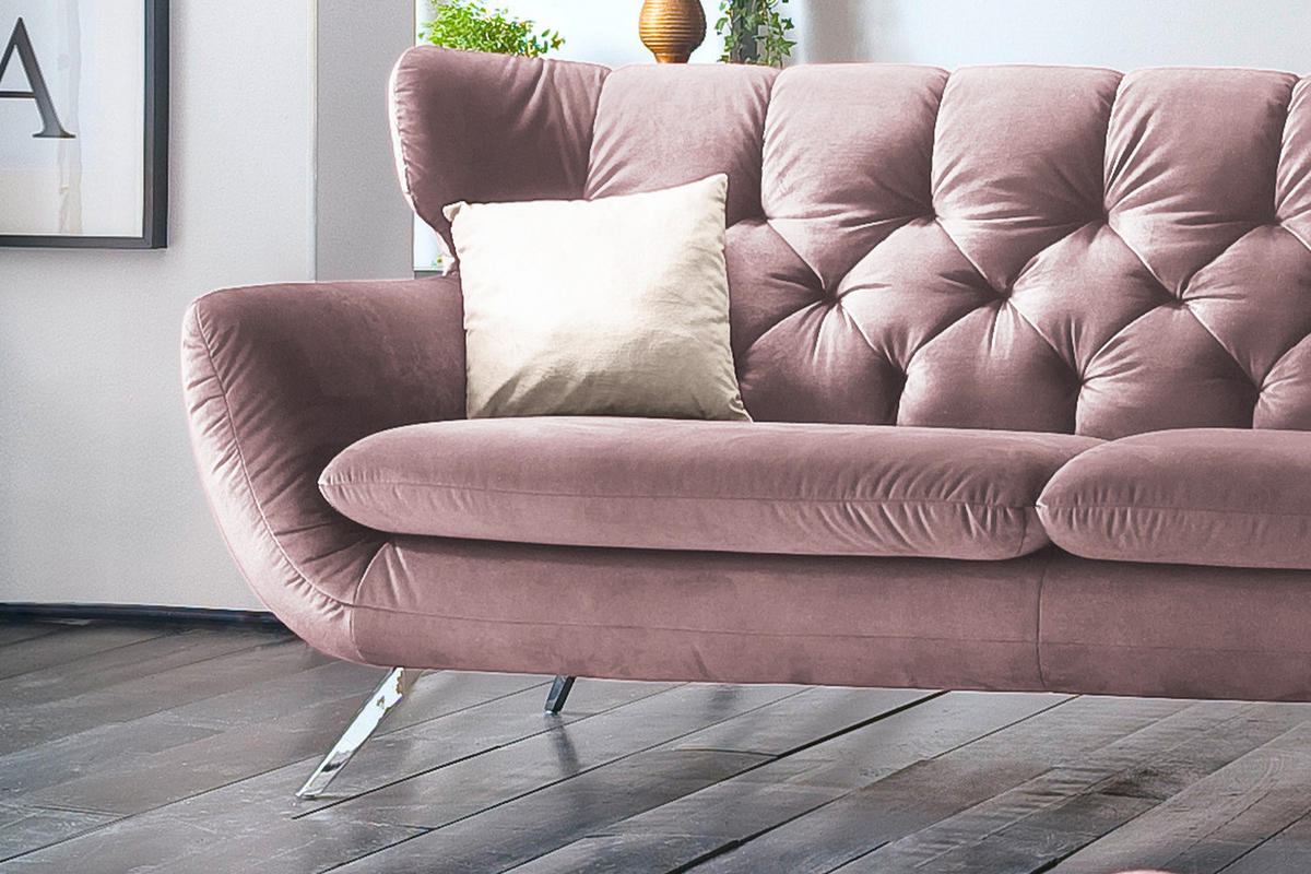 SOFA CHARME Grau Velvet - Silberfarben/Altrosa, Textil/Metall (175/94/95cm) - KAWOLA