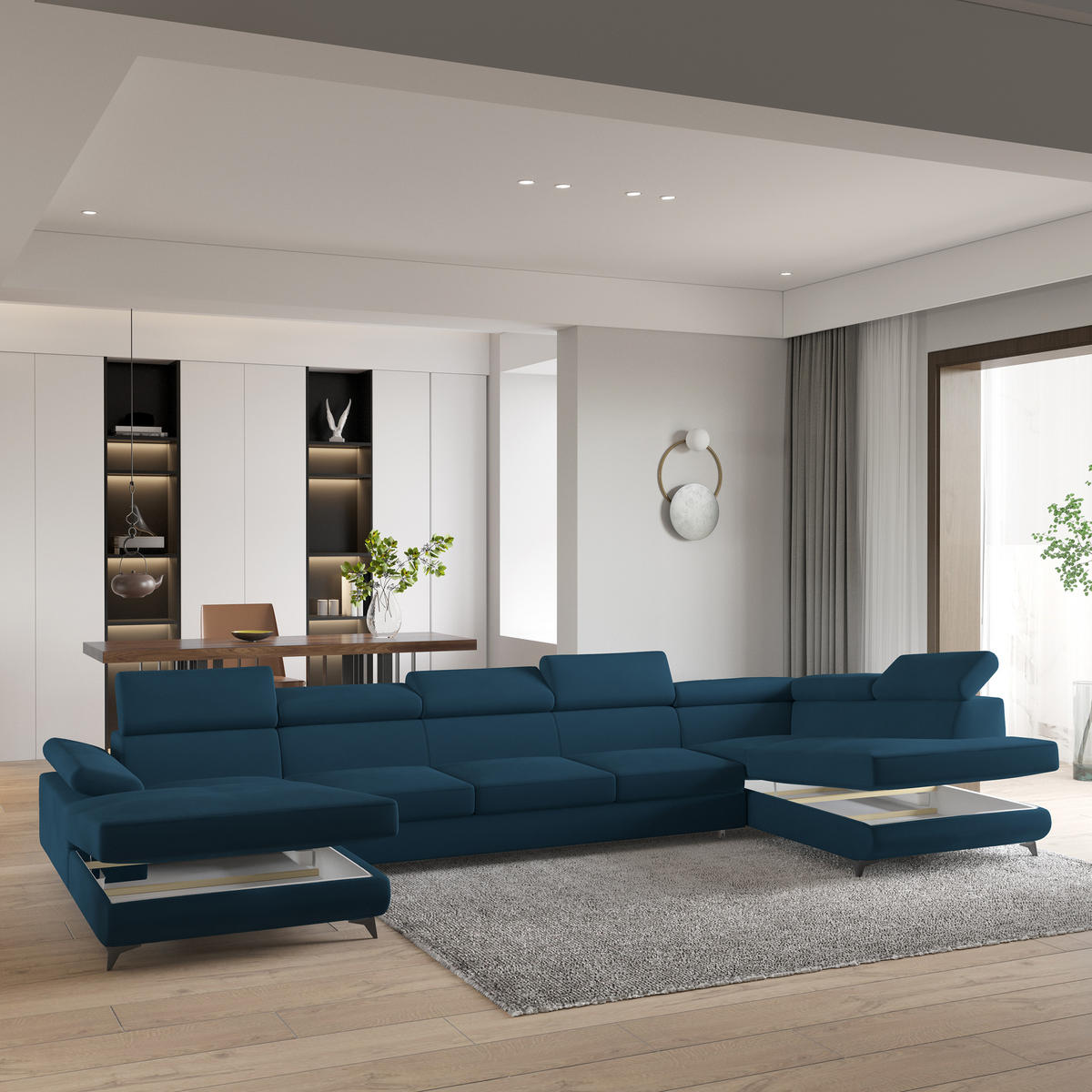 WOHNLANDSCHAFT MONTIVA Blau Velours-Stoff mit Schlaffunktion - Blau, Holz (410/89/190cm) - MASSENO