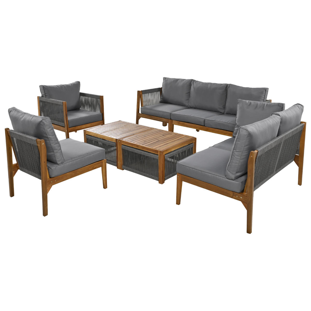 GARTENLOUNGE 240/184/64 cm Natur/Grau aus Akazienholz mit Seilgeflecht und 2 Tischen - Grau, Textil - OKWISH
