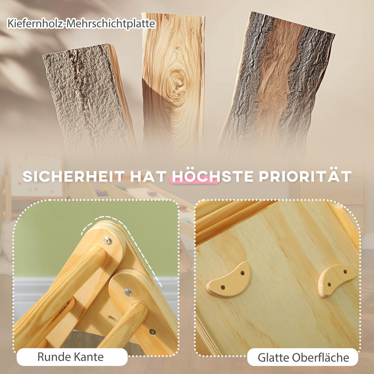 2 in 1 Klettergerüst Set mit Rutsche, Kletterdreieck zum Rutschen und Klettern - Naturfarben, Holzwerkstoff (64.5/59/147cm) - AIYAPLAY