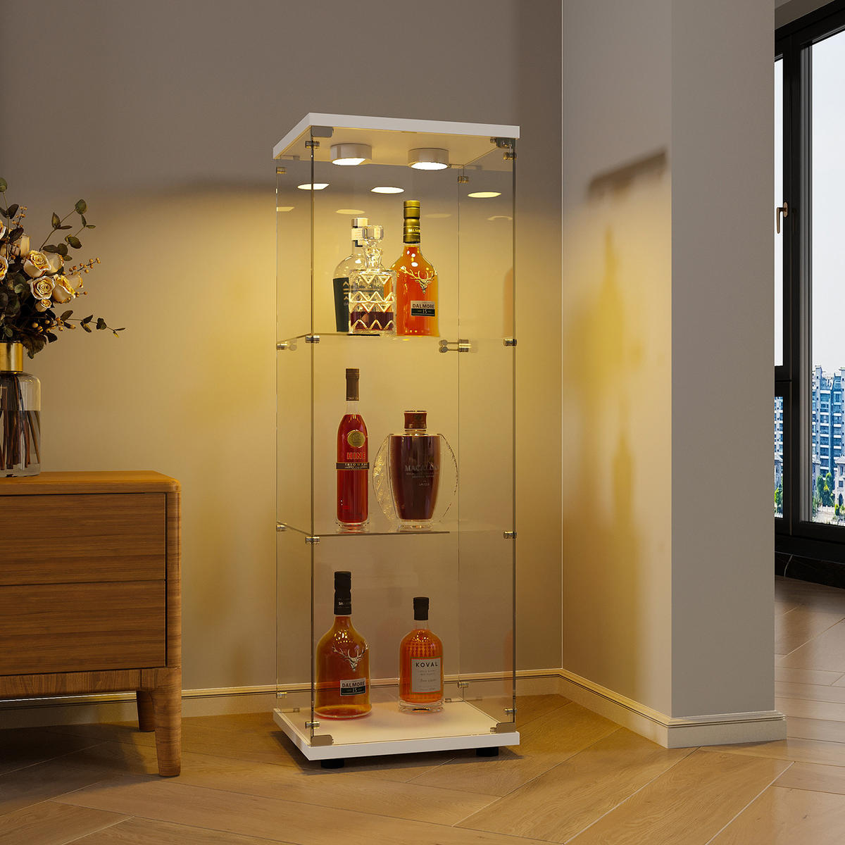 GLASVITRINE 42x36x125 cm mit 3 Einlegeböden, Einzeltür, LED-Beleuchtung und Sicherheitsschloss in weiß - Weiß, Glas/Holz (36/125/42cm) - BRILVERDE