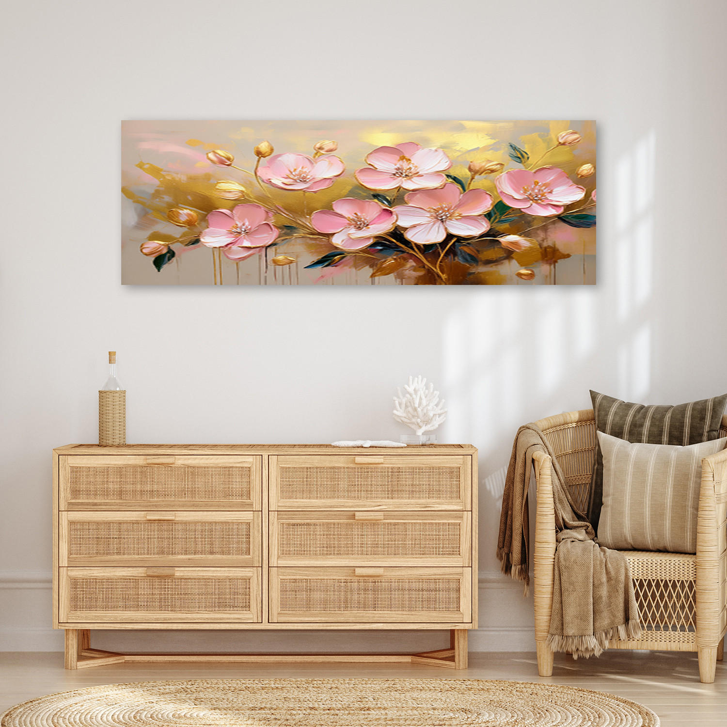 WANDBILD abstrakte blumen rosa glamour gold - Pink, Textil (90/30cm) - Feeby