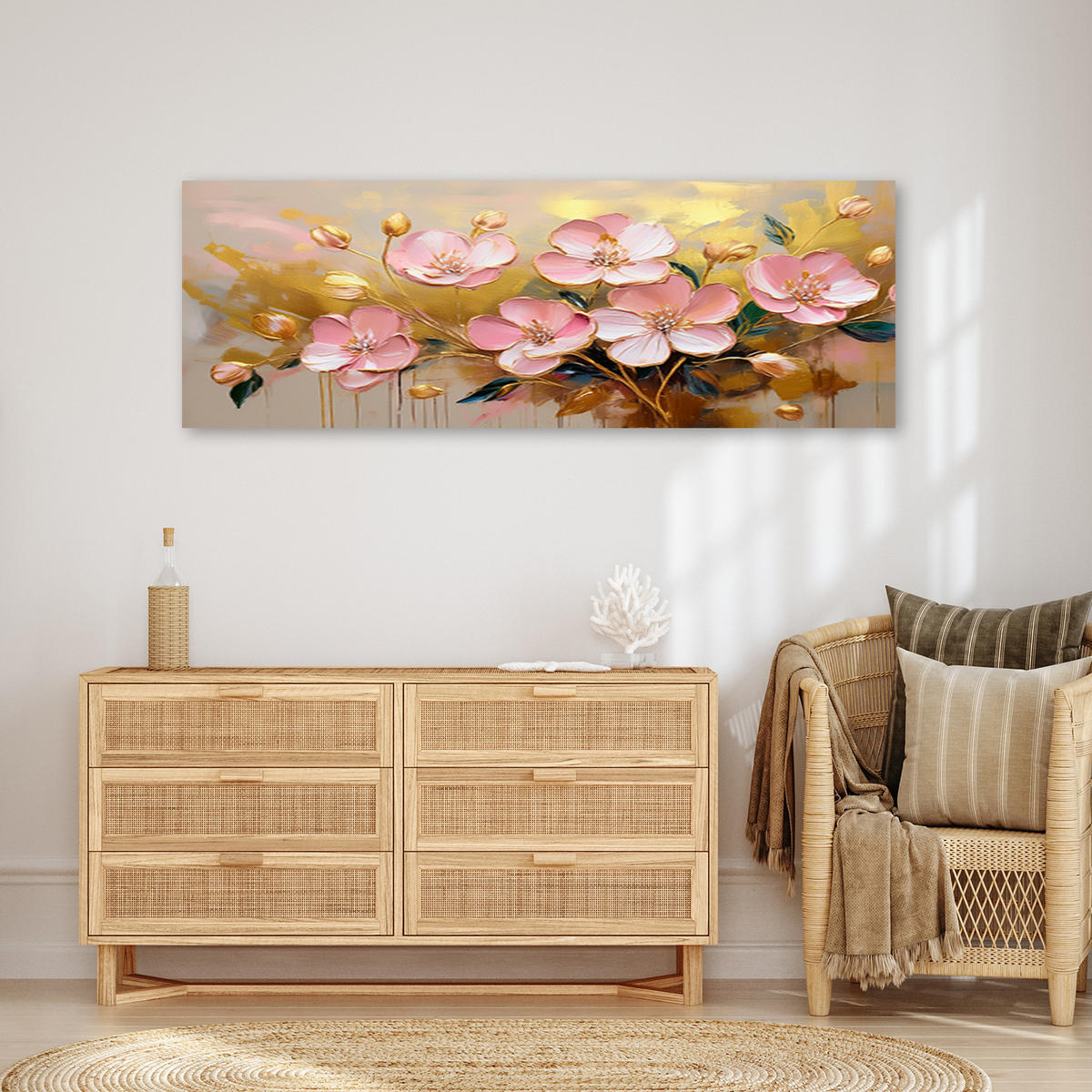WANDBILD abstrakte blumen rosa glamour gold - Pink, Textil (90/30cm) - Feeby
