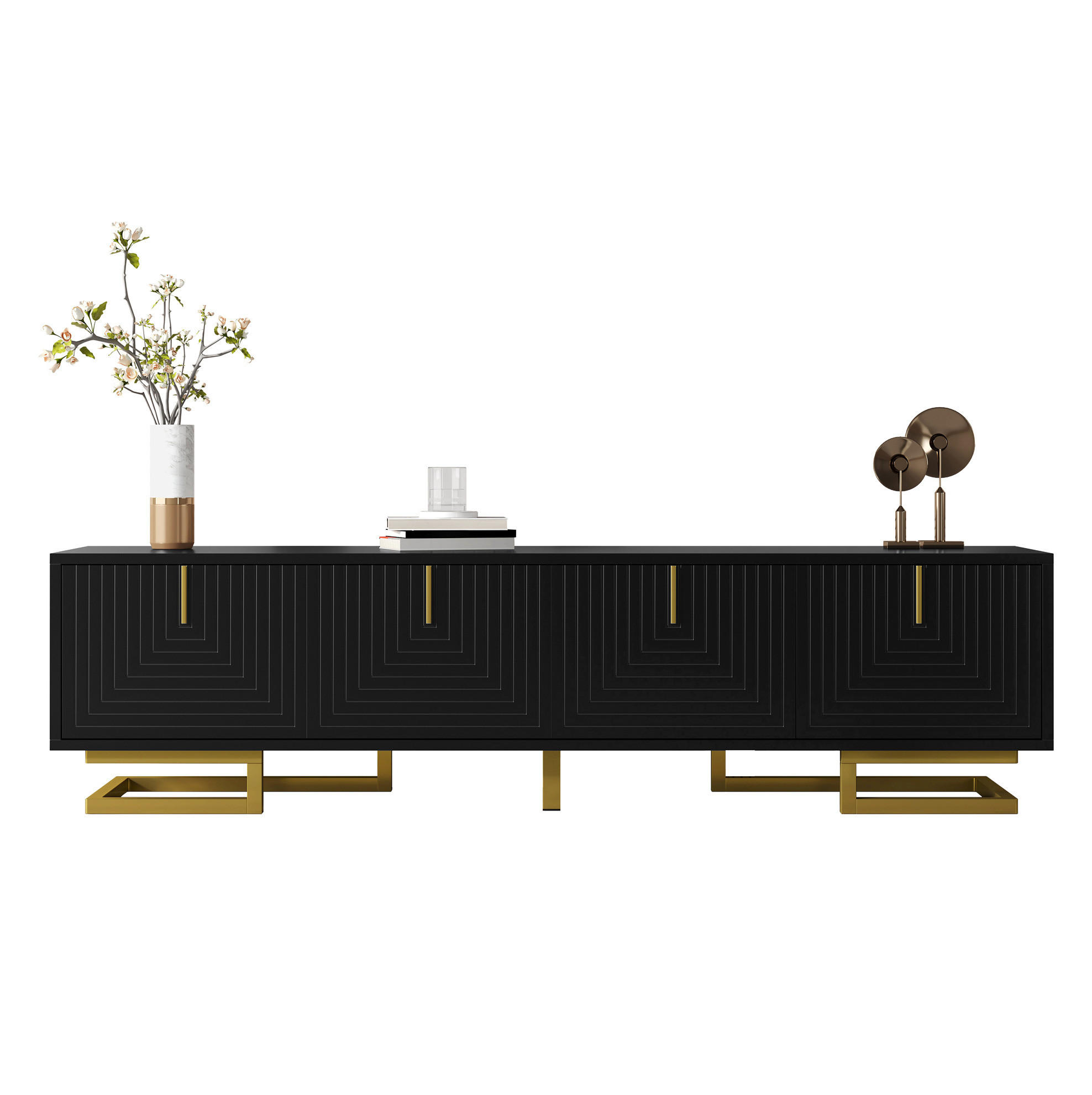TV-LOWBOARD 160/38/44,5 cm aus Spanplatte mit 4 Türen, Strukturfronten und goldfarbenen Metallbeinen, Schwarz - Schwarz, Holzwerkstoff (160/44.5/38cm) - Redom