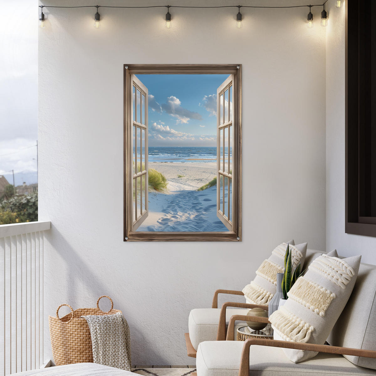 ZAHRADNÍ PLAKÁT Pohled - Pláž - Okno - Duny - Moře 80x120 cm - světle modrá, plast (80/120/0.2cm) - OnlyWow