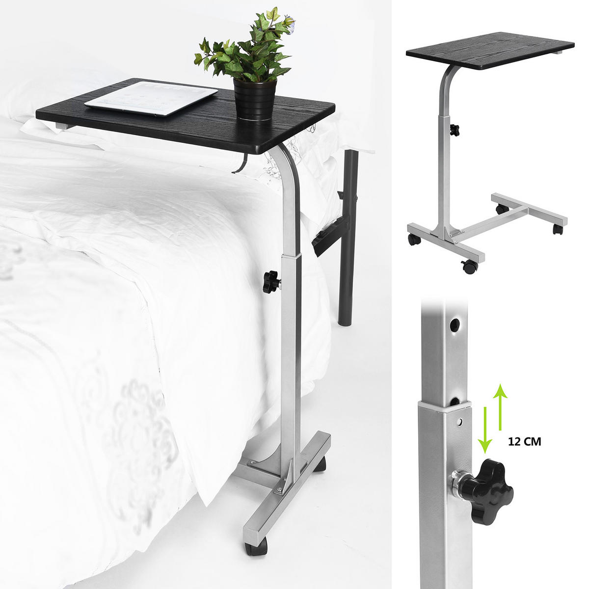 LAPTOP-BEISTELLTISCH, höhenverstellbar, mit 4 Rollen, für Bett und Sofa, Silber - Schwarz, Holzwerkstoff/Metall (48/37/79cm) - Meubles Cosy
