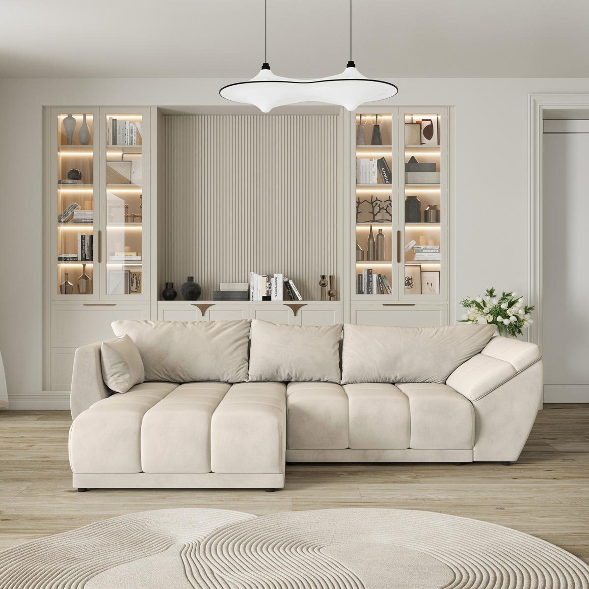 ECKSOFA ORENTI L-S Creme Velours-Stoff mit Schlaffunktion - Creme, Holz (287/182cm) - MASSENO