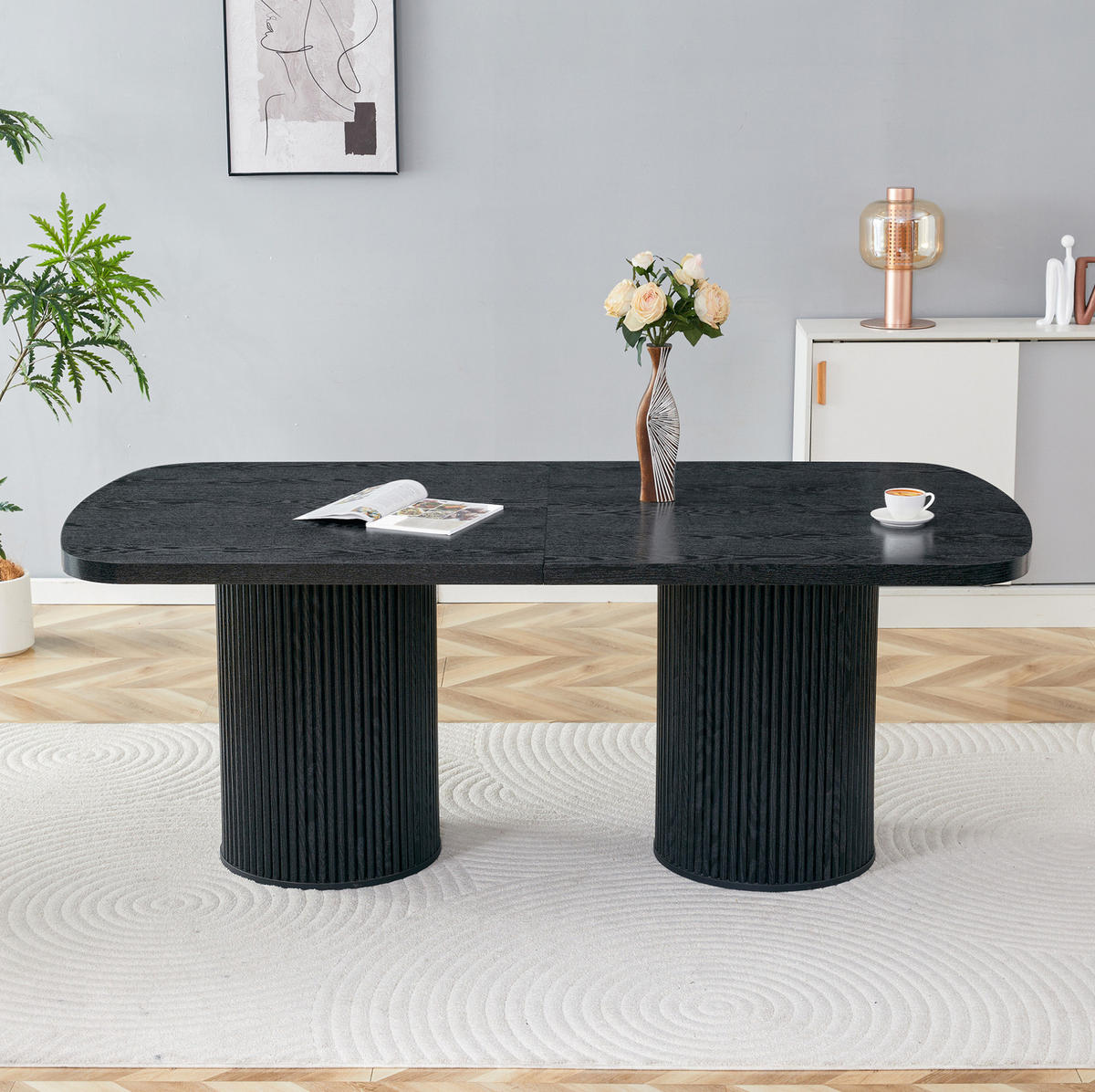 ESSTISCH in Schwarz mit ovaler Tischplatte und geriffeltem Säulenfuß,180/90/76 cm - Schwarz, Holzwerkstoff (90/180/76cm) - BEAOK
