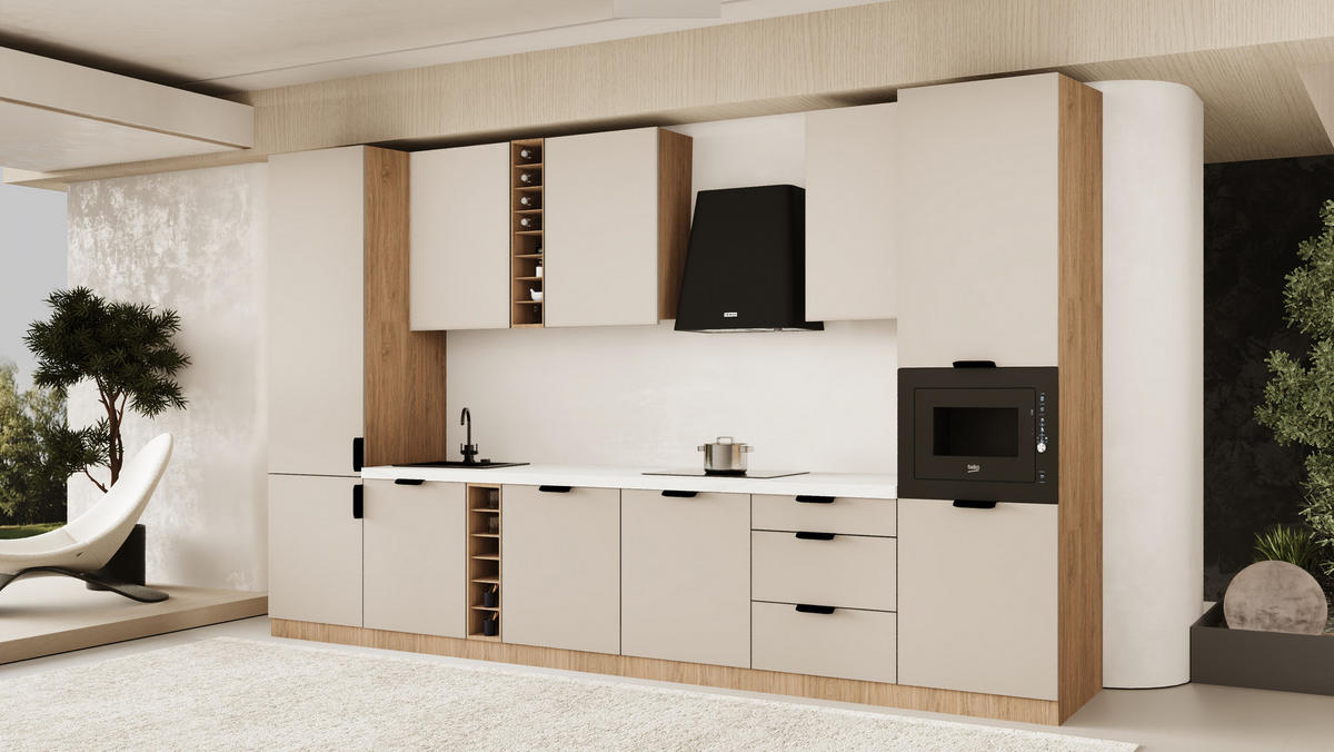 KÜCHENZEILE 360 cm - Sorento KS3-M375 - in Beige / Sonoma Eiche - Beige/Schwarz, Holz (375/247/58cm)