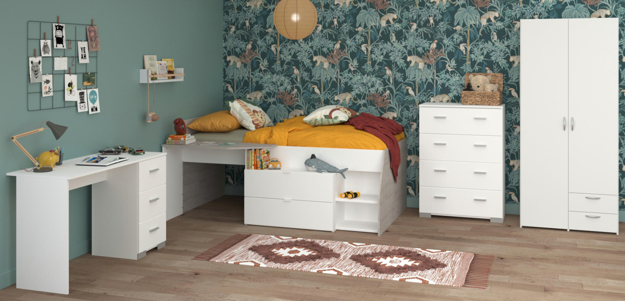 KINDERZIMMER weiß, grau, Komplett-Set 4-teilig mit viel Stauraum - Silberfarben/Weiß, Holzwerkstoff/Kunststoff (135/185/203cm) - Parisot Meuble