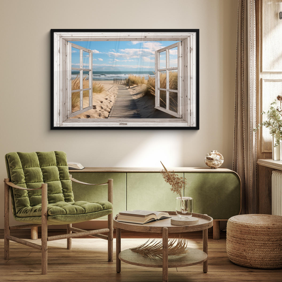 ZARÁMOVANÝ PLAGÁT Okno - more - pobrežie - príroda - výhľad - pláž - Waddenské more 120x80 cm - béžová, papier (120/80cm) - MuchoWow