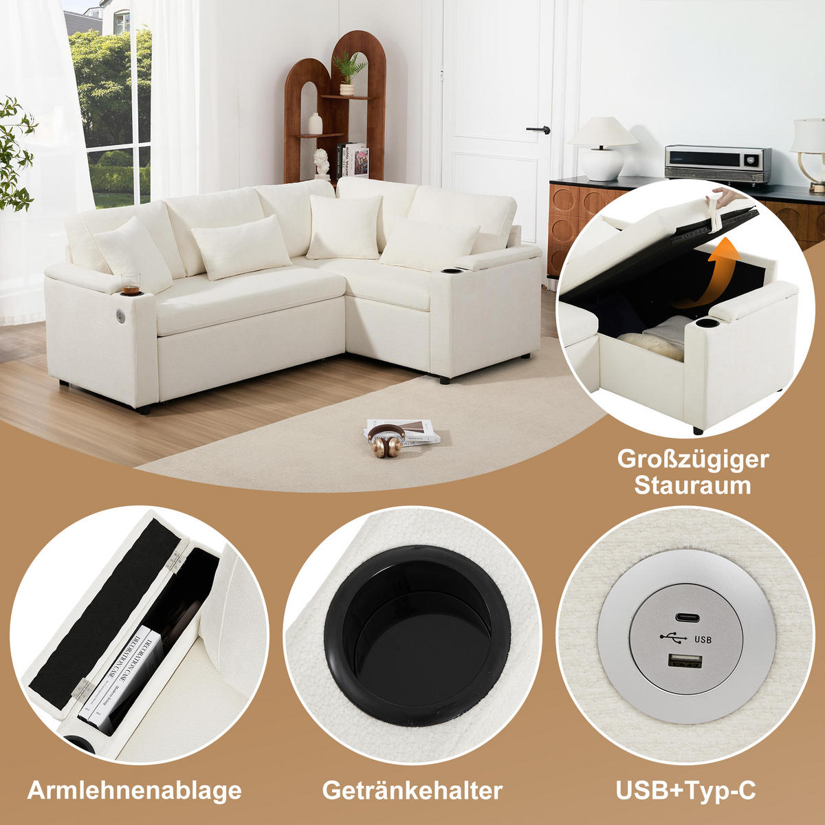 ECKSCHLAFSOFA Chenille Beige mit Stauraum, USB und Kissen - Beige, Holzwerkstoff/Kunststoff (206.5/141cm) - WISHDOR