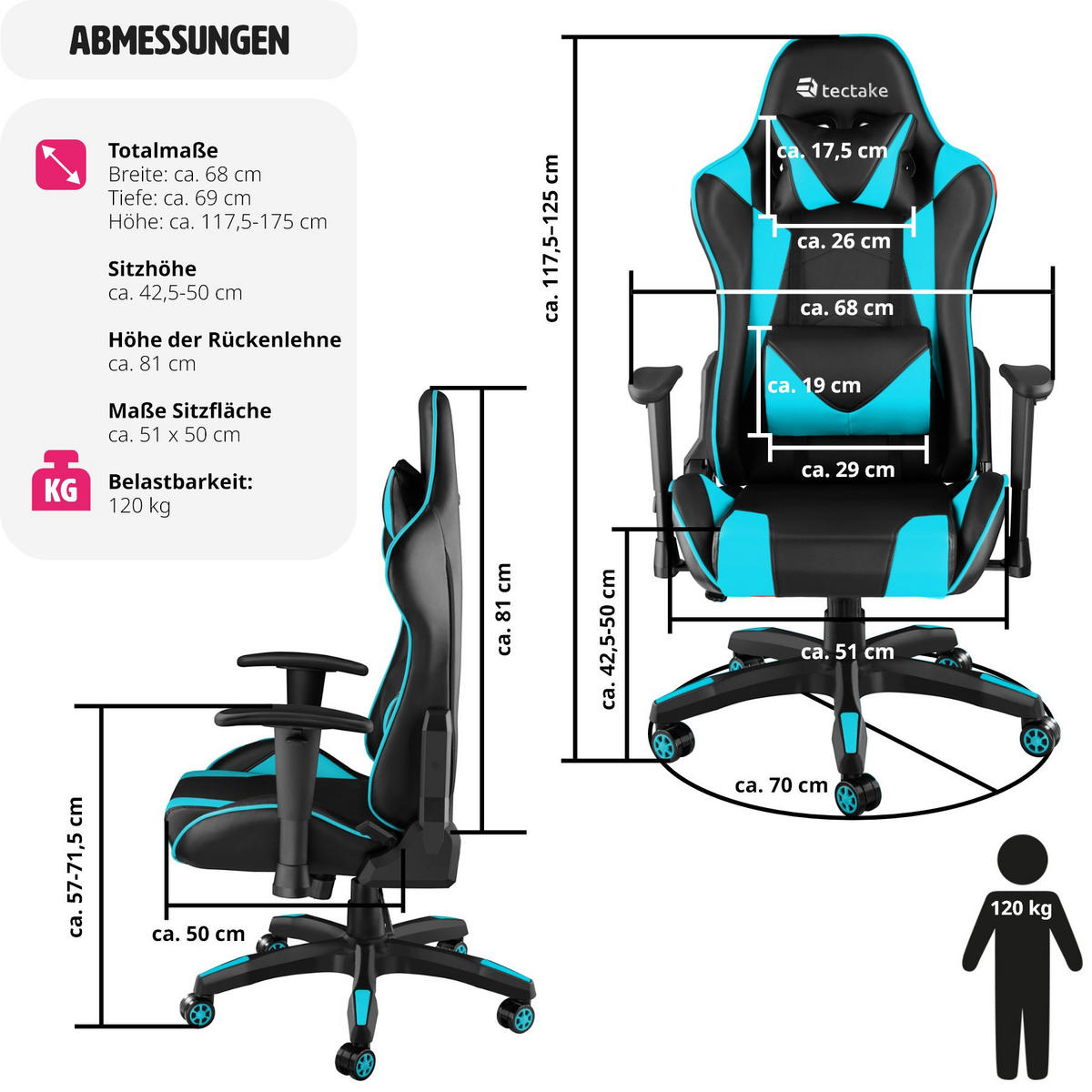 RACING-GAMINGSTUHL Twink,Belastbarkeit 120 kg,schwarz/azur - Schwarz/Hellblau, Textil (68/125/69cm) - tectake
