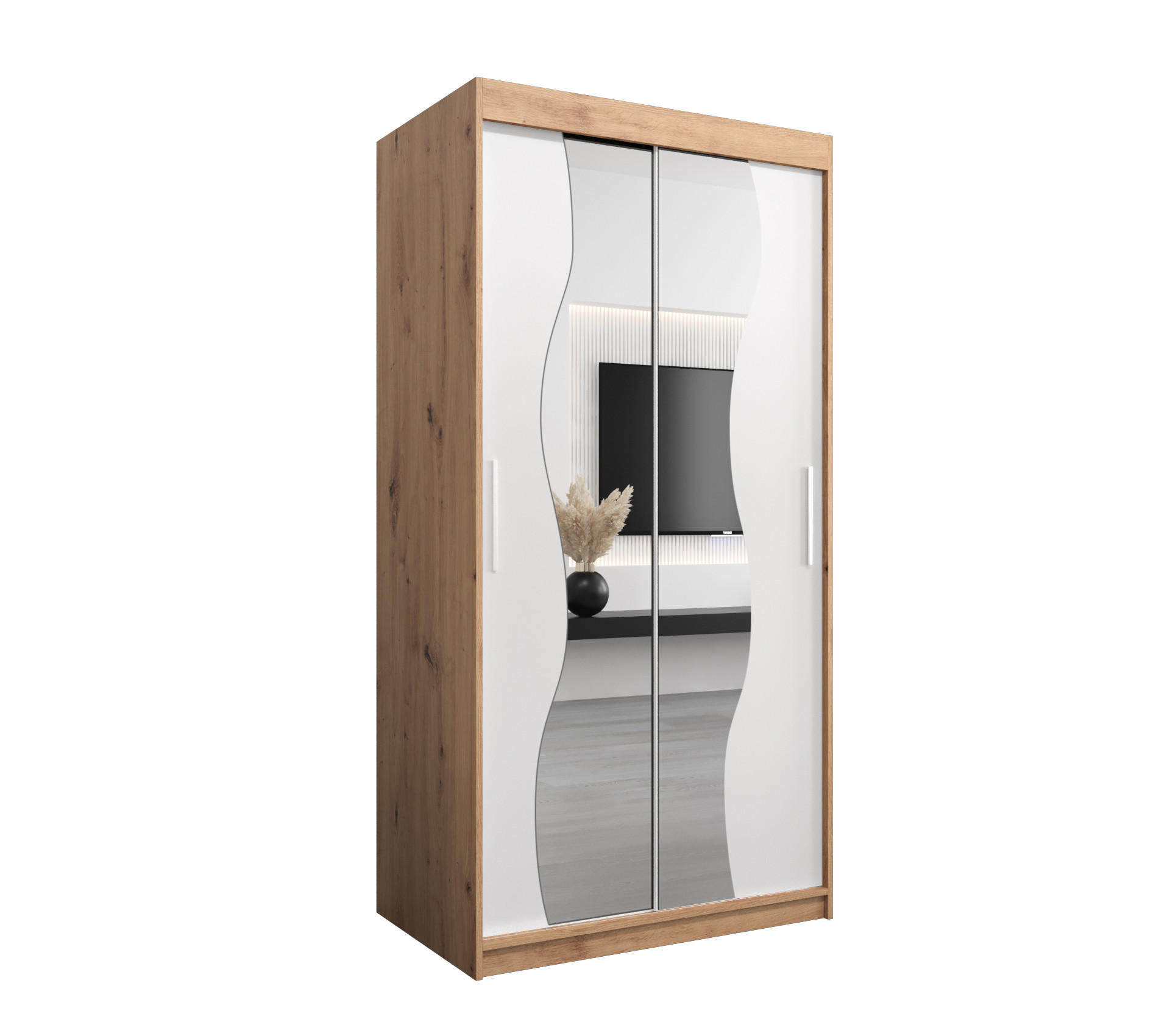 Möbel Kryspol Schwebetürenschrank Eiche Artisan, Weiß 100x200x62 cm
