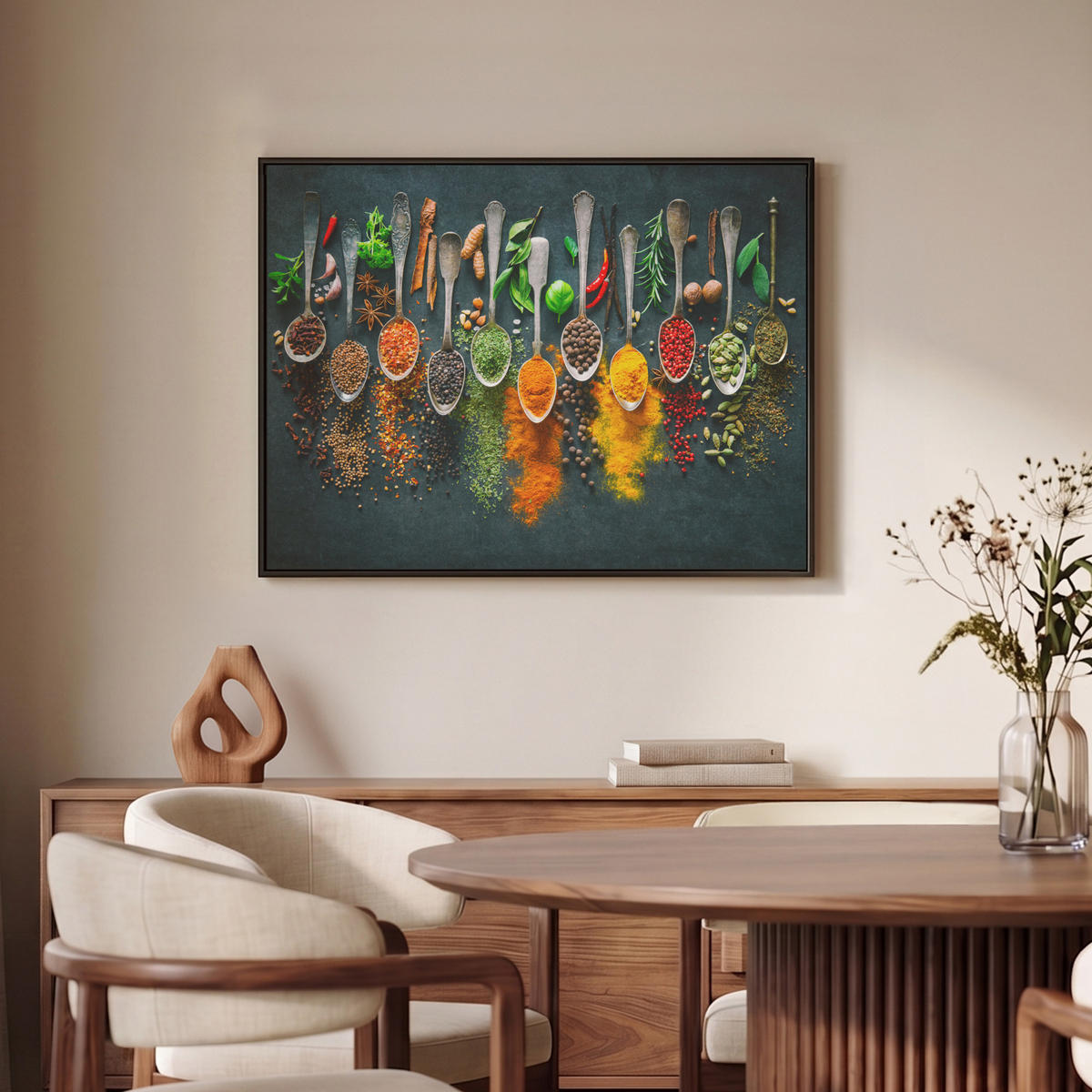 LEINWAND Bilder mit Rahmen - Kräuter - Gewürze - Löffel - 80x60 - Currygelb, Textil (80/60cm) - MuchoWow