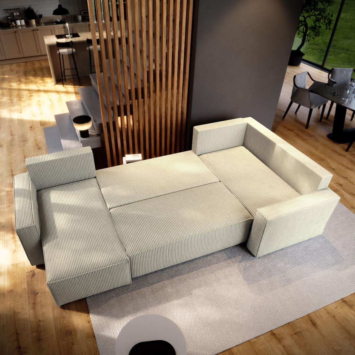 WOHNLANDSCHAFT NORENA R-S Creme Kordstoff mit Schlaffunktion - Creme, Holz (295/85/157.5cm) - MASSENO